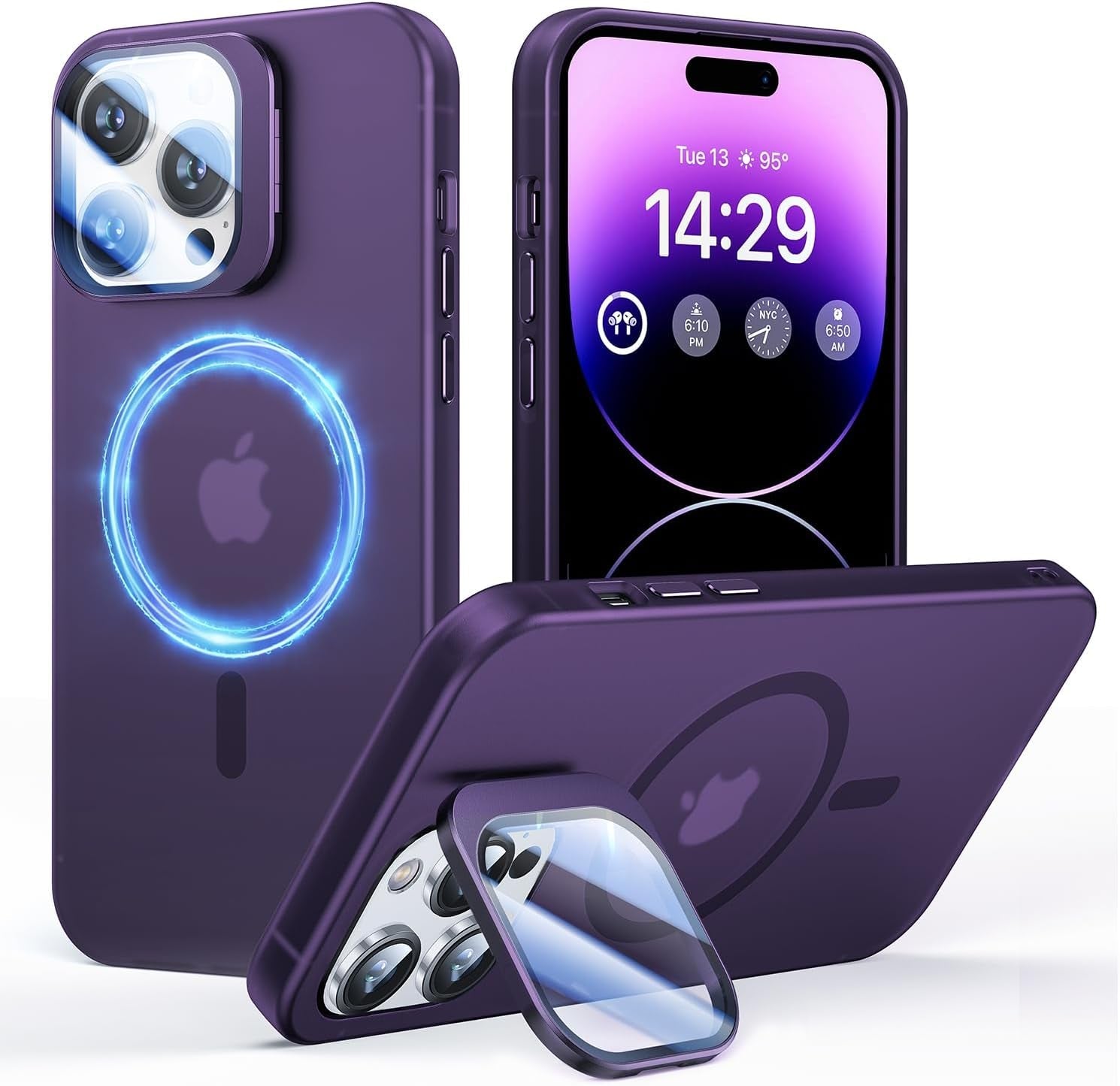 Degeca for Iphone 14 Pro Case, Military Grade Drop Protection, Compatible with Magsafe, Built-In Stash Stand & Camera Lens Protector, Magnetic Phone Case 6.1", Blue  degeca Purple Only For Iphone 14 Pro 6.1'' 