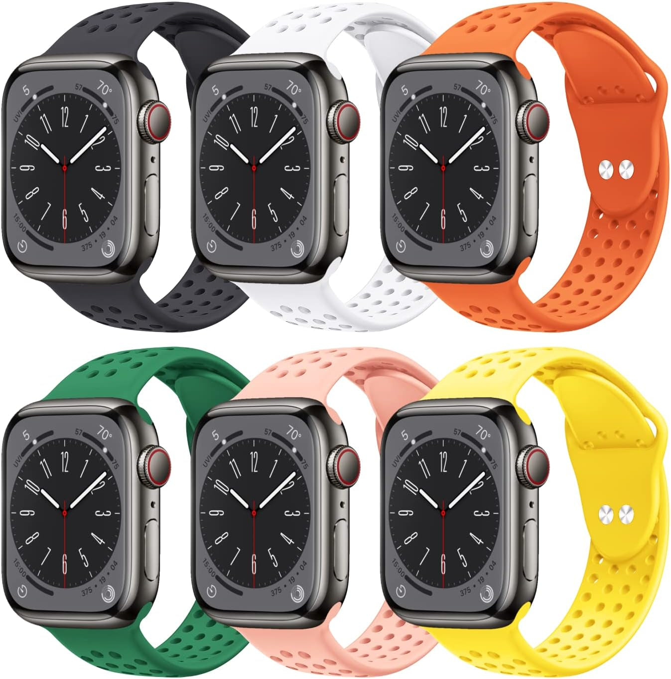 6 Pack Sport Bands Compatible for Apple Watch Bands 49Mm 45Mm 44Mm 42Mm 41Mm 40Mm 38Mm,Breathable Soft Silicone Sport Women Men Replacement Strap Compatible for Iwatch Series 9 Ultra2/Ultra 8 7 6 5 4 3 2 1 SE
