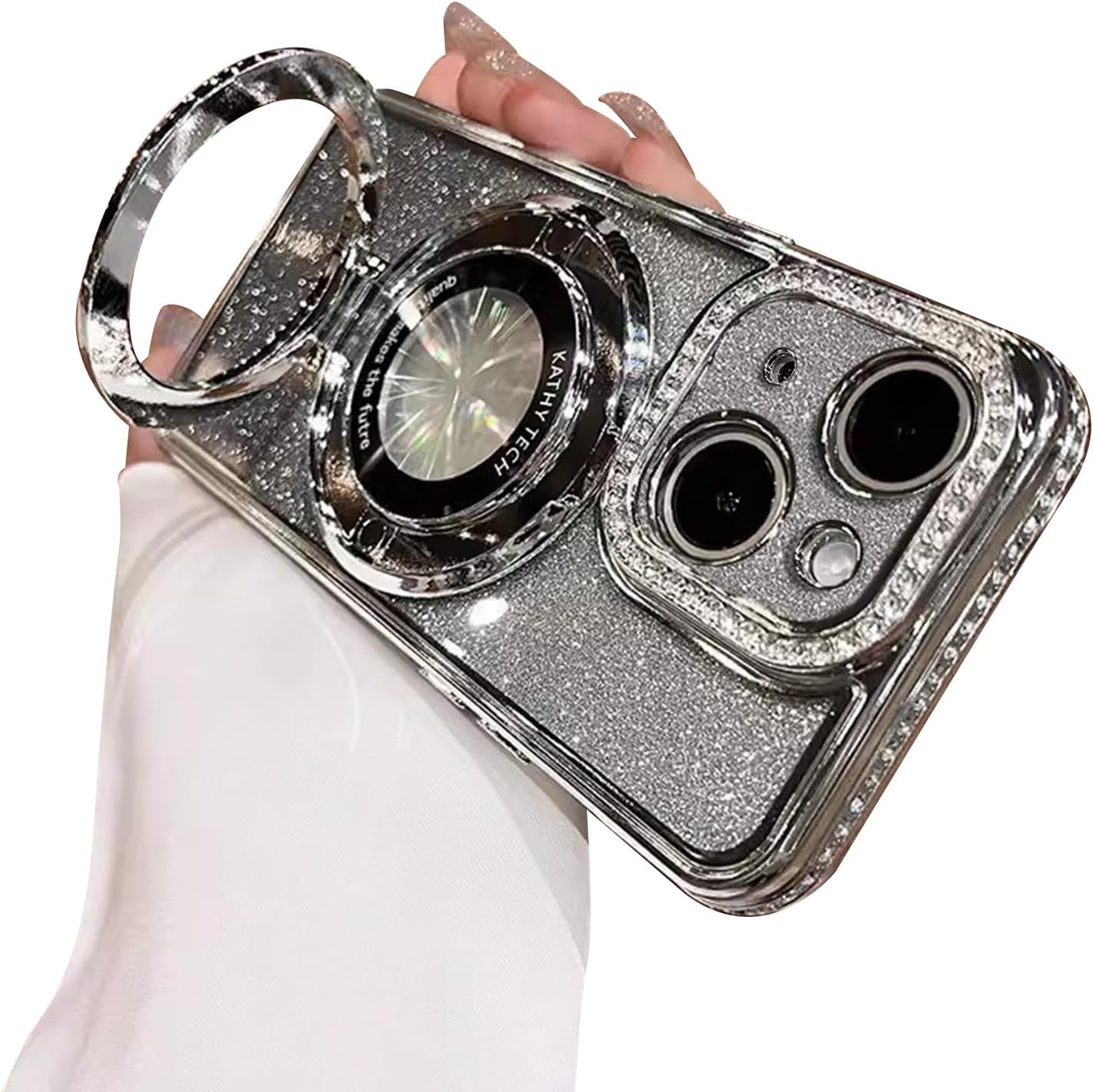 Fycyko Magnetic Case for Iphone 15 Pro Max with Holder Stand,Rhinestone Glitter Plated Bling Luxury Phone Case（Compatible with Magsafe） Shockproof Kickstand Design for Iphone 15 Pro Max-Pink  Fycyko Silver Iphone 15 Plus 