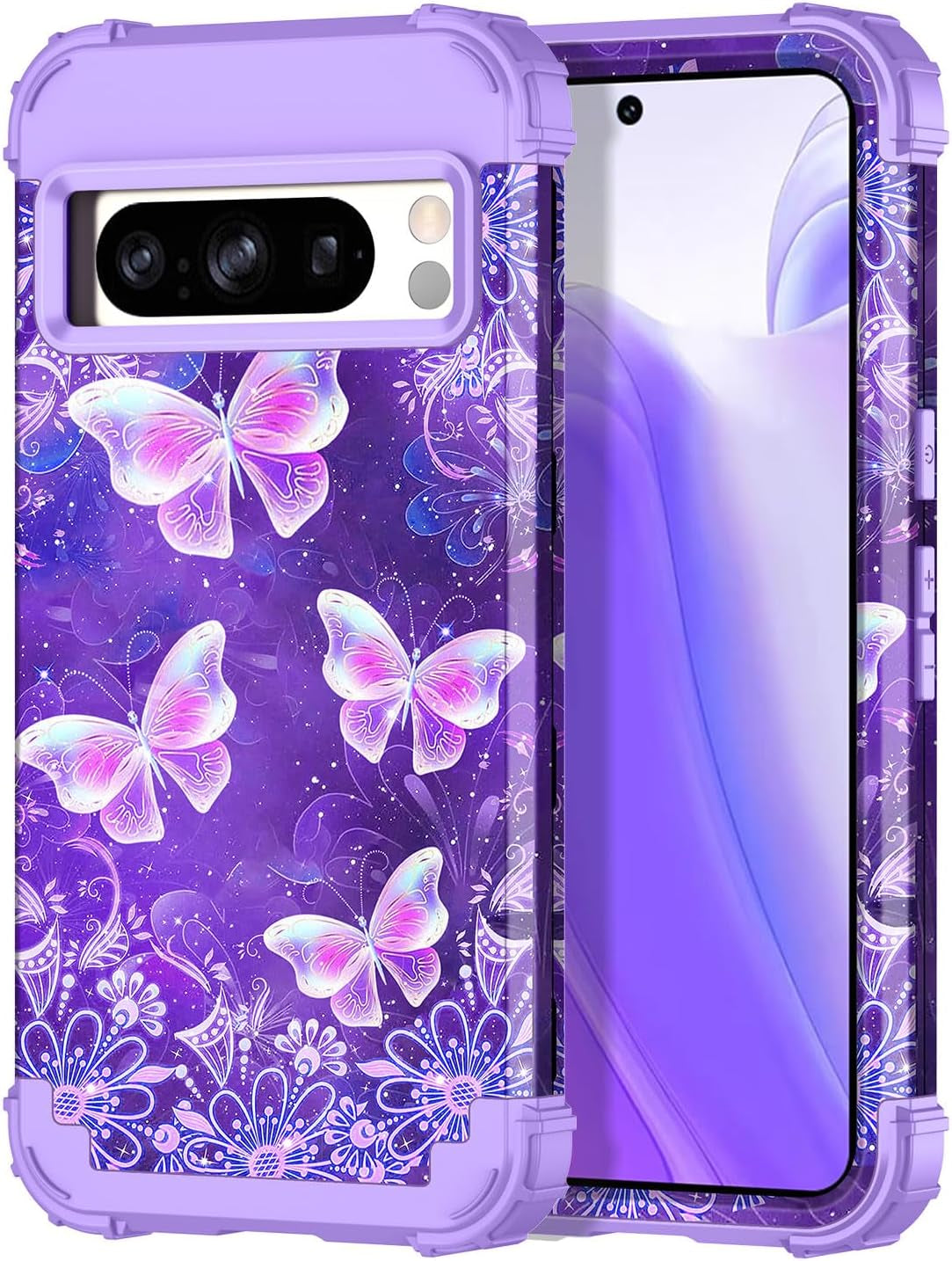 Btscase for Google Pixel 8 Pro Case (2023), Marble Pattern 3 in 1 Heavy Duty Shockproof Full Body Rugged Hard Pc+Soft Silicone Drop Protective Women Girl Cover for Google Pixel 8 Pro, Blue Pink  Btscase B-Purple Butterfly  