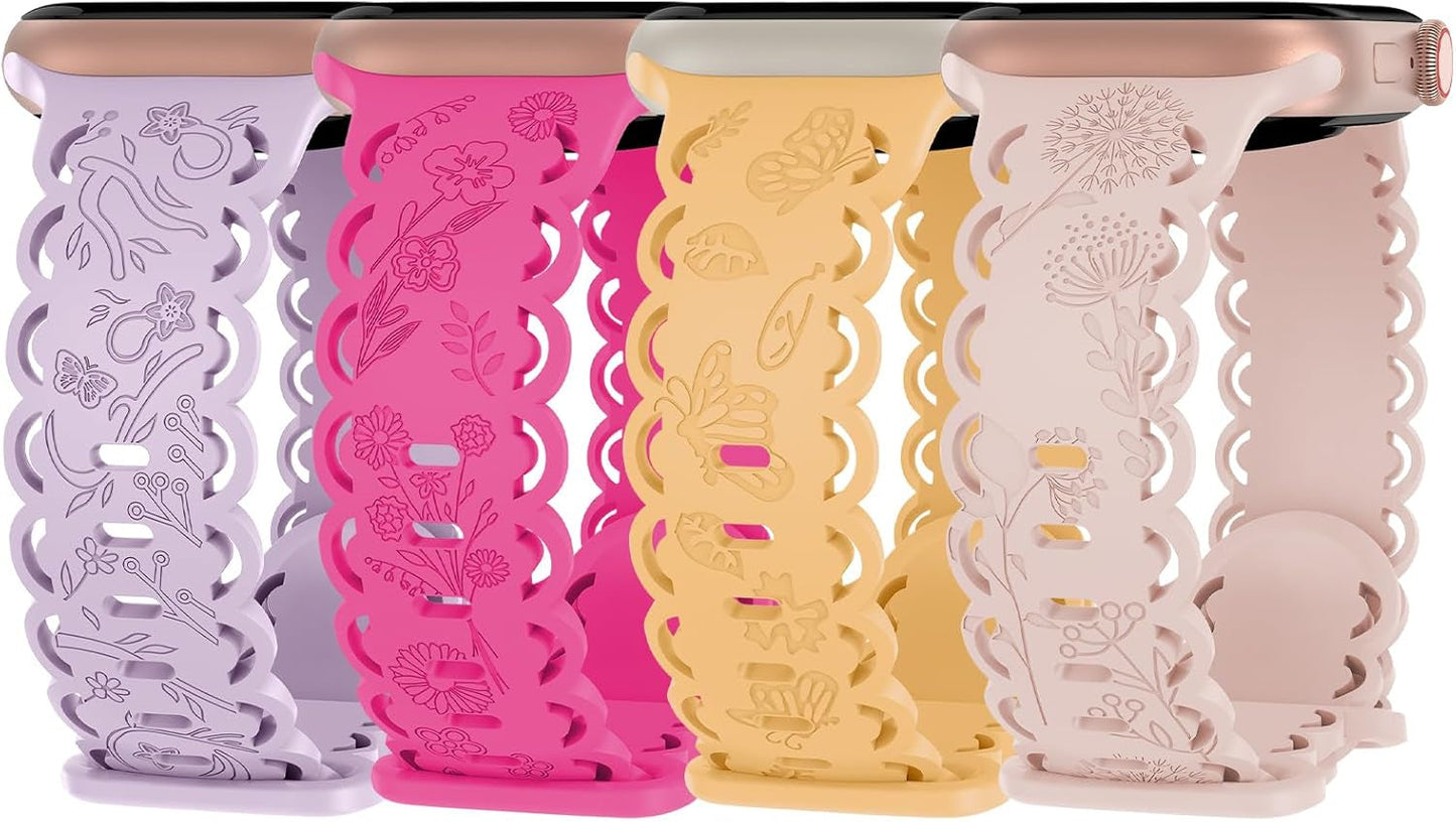 4 Pack Floral Engraved Silicone Bands Compatible with Apple Watch Band 38Mm 40Mm 41Mm 42Mm 44Mm 45Mm 49Mm Women, Soft Lace Cute Strap Flower Wristbands for Iwatch Series 9 8 7 6 5 4 3 2 1 SE Ultra