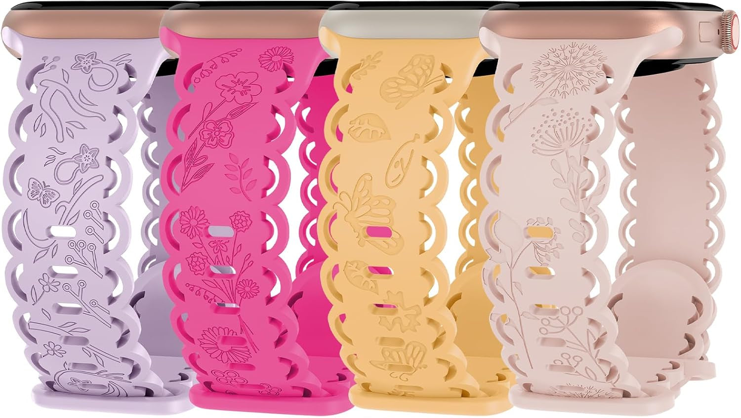4 Pack Floral Engraved Silicone Bands Compatible with Apple Watch Band 38Mm 40Mm 41Mm 42Mm 44Mm 45Mm 49Mm Women, Soft Lace Cute Strap Flower Wristbands for Iwatch Series 9 8 7 6 5 4 3 2 1 SE Ultra