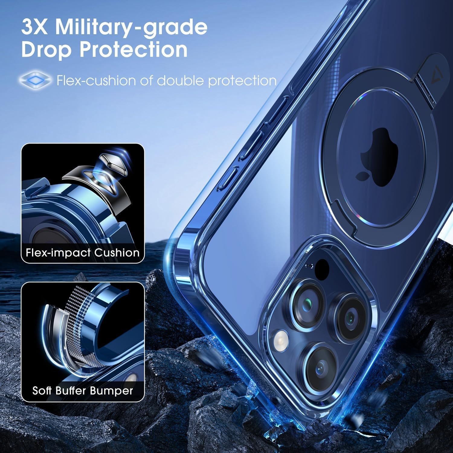 Alphex Titanium Stand for Magsafe Iphone 15 Pro Max Case, Polished Titanium Match for Iphone, 12FT Military Drop Protection, Shockproof Phone Ring Slim Cover 6.7 Inch, Blue Titanium  Alphex   