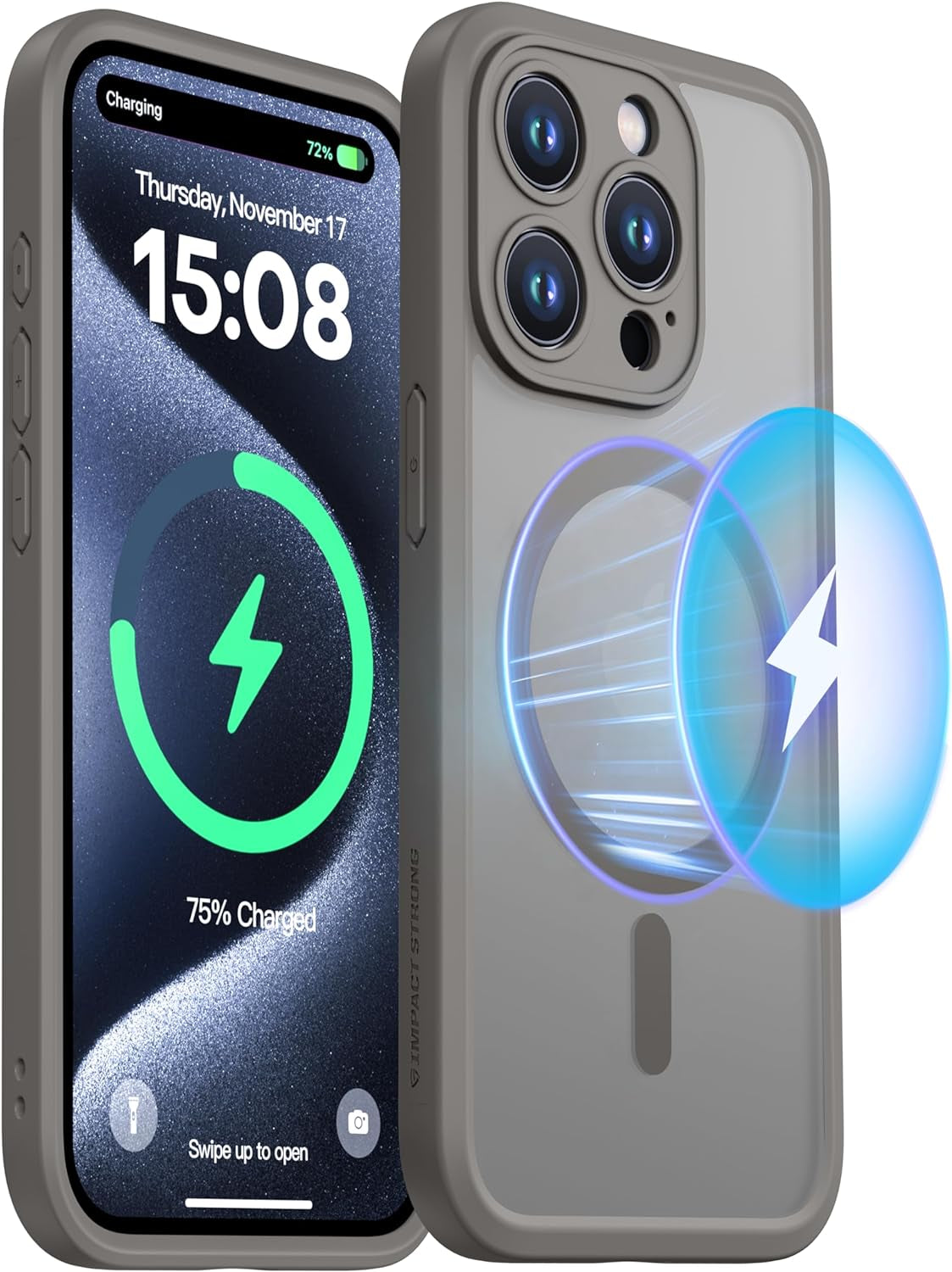 Impactstrong Magnetic Guard Designed for Iphone 15 Case [Camera Protection] [Military Grade Drop Tested] [Compatible with Magsafe] Slim Translucent Matte Phone Case (6.1") - Gray  ImpactStrong Gray Iphone 15 Pro 