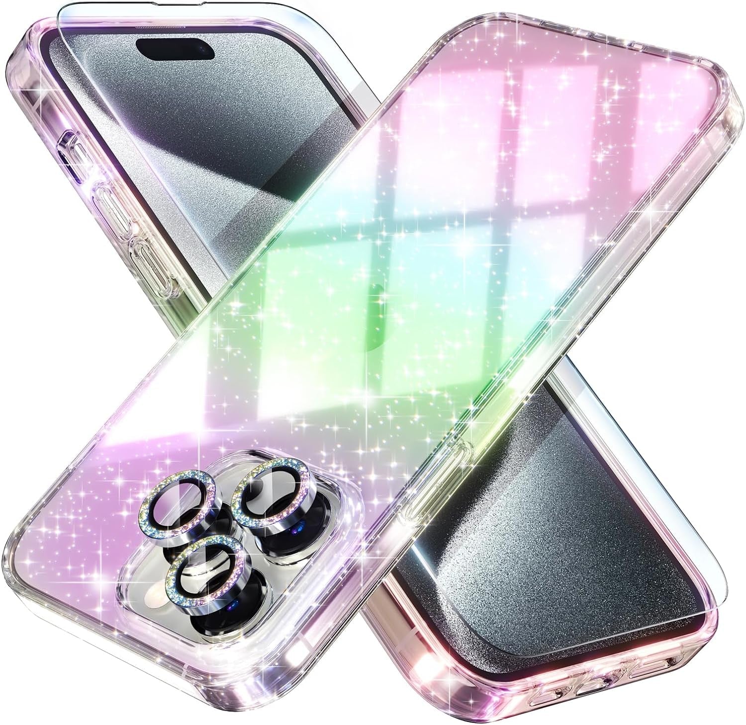 Choiche Compatible for Iphone 15 Pro Case, Women Cute Clear Glitter Bling Sparkly Case, [3 X Diamond Camera Lens Protectors] [2 X Tempered Glass Screen Protectors] 6.1-Inch (Glitter Clear)  Choiche Glitter Colorful  