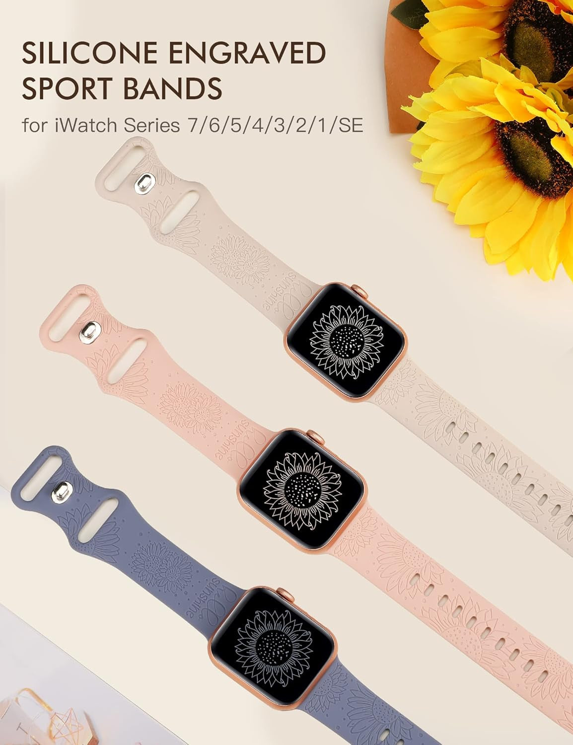 3 Packs Sunflower Engraved Bands Compatible with Apple Watch Bands 45Mm 44Mm 42Mm 49Mm Women Girls, Boho Floral Fancy Fashion Sport Silicone Flower Straps for Iwatch Series 9/Ultra/Se/8/7/6/5/4/3/2/1