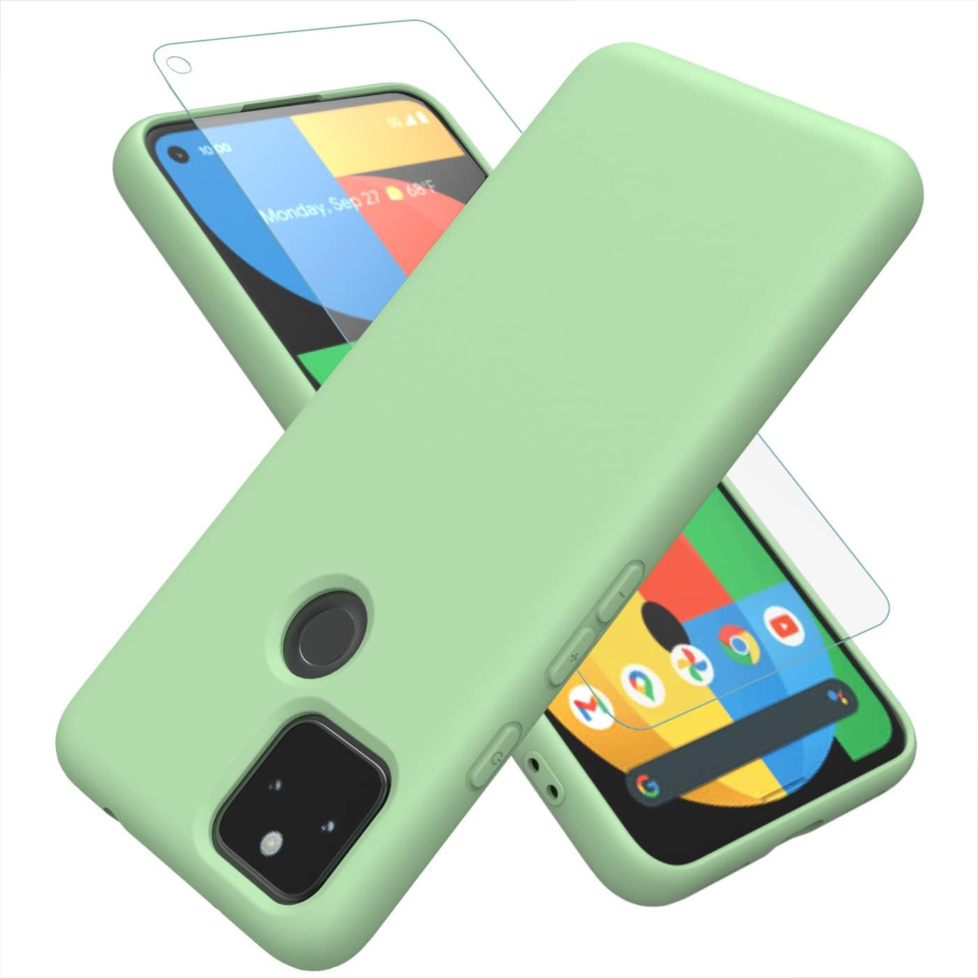Weycolor for Google Pixel 5A 5G Case with Tempered Glass Screen Protector [2 Pack] ，Liquid Silicone Slim Soft TPU Fit Drop Protection Phone Case for Google Pixel 5A (Dark Green)  Weycolor Green  
