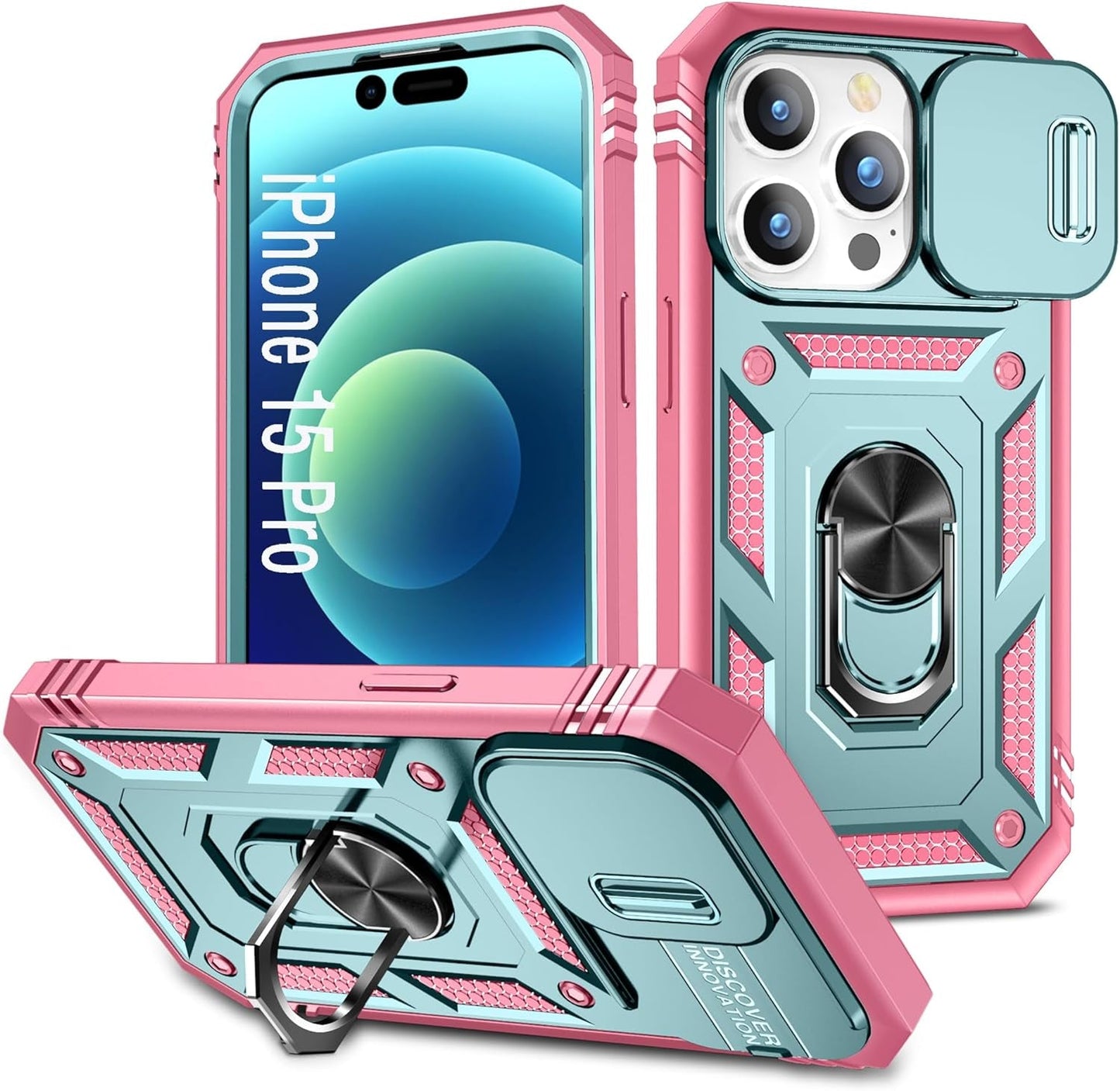 DAWEIXEAU Case Compatible with Iphone 15 Pro Max, Shockproof Impact Resistant with Slide Lens Protective Cover Case for Iphone 15 Pro Max 6.7 Inch (Pink Green)  DAWEIXEAU Pink Green Iphone 15 Pro 6.1" 