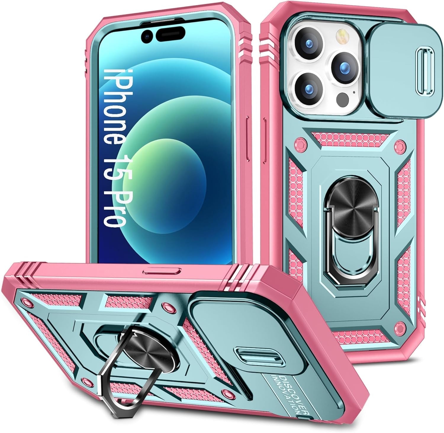 DAWEIXEAU Case Compatible with Iphone 15 Pro Max, Shockproof Impact Resistant with Slide Lens Protective Cover Case for Iphone 15 Pro Max 6.7 Inch (Pink Green)  DAWEIXEAU Pink Green Iphone 15 Pro 6.1" 