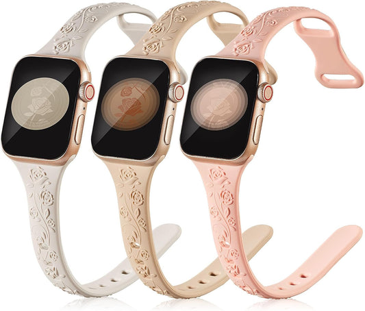 3 Pack Slim Floral Engraved Compatible with Apple Watch Bands 41/40/38/42/44/45/49Mm Women, Thin Narrow Soft Silicone Rose Embossed Sport Strap for Iwatch Series 9/8/7/6/5/4/SE/3/2/1 Ultra 2