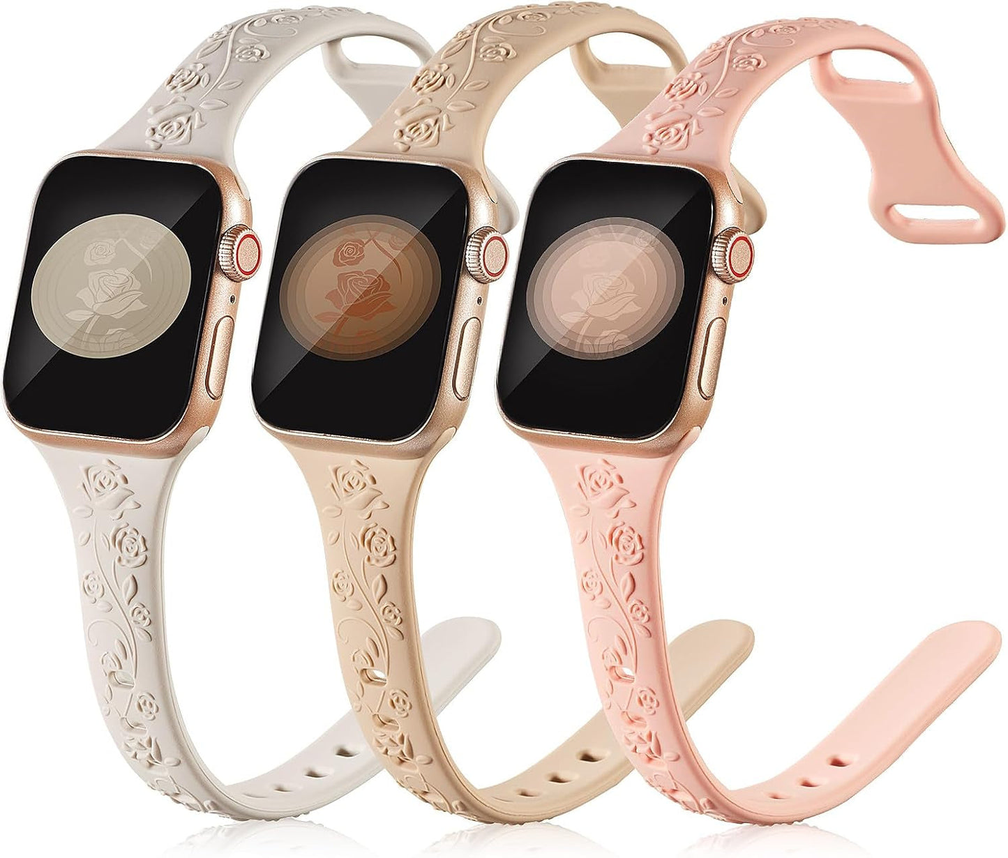 3 Pack Slim Floral Engraved Compatible with Apple Watch Bands 41/40/38/42/44/45/49Mm Women, Thin Narrow Soft Silicone Rose Embossed Sport Strap for Iwatch Series 9/8/7/6/5/4/SE/3/2/1 Ultra 2