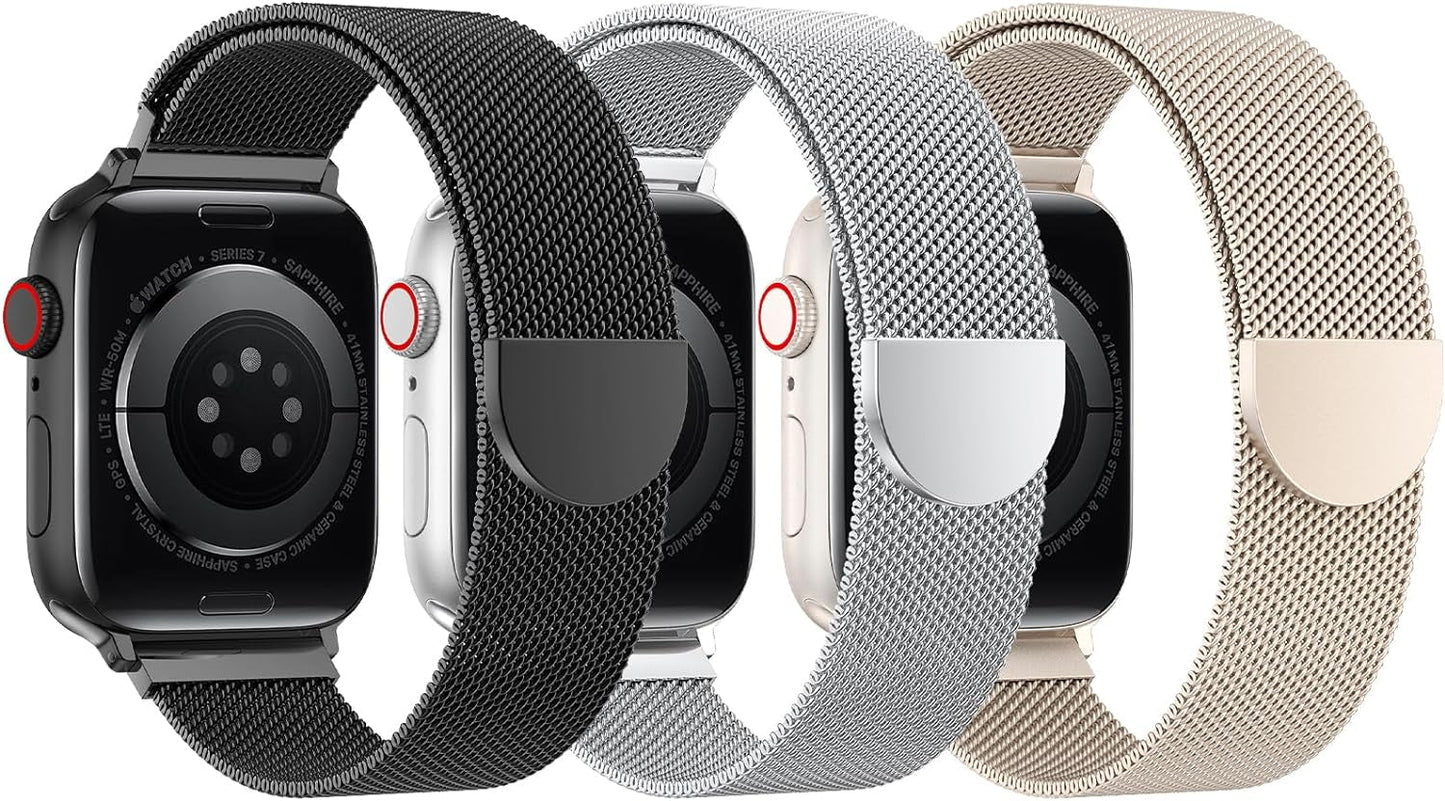 BELONGME 3 Pack Mesh Loop Compatible with Apple Watch Band 40Mm 41Mm 38Mm 42Mm 44Mm 45Mm 49Mm Series Ultra SE 9 8 7 6 5 4 3 2 1 Women Men, Stainless Steel Metal Strap Magnetic Clasp for Iwatch Bands