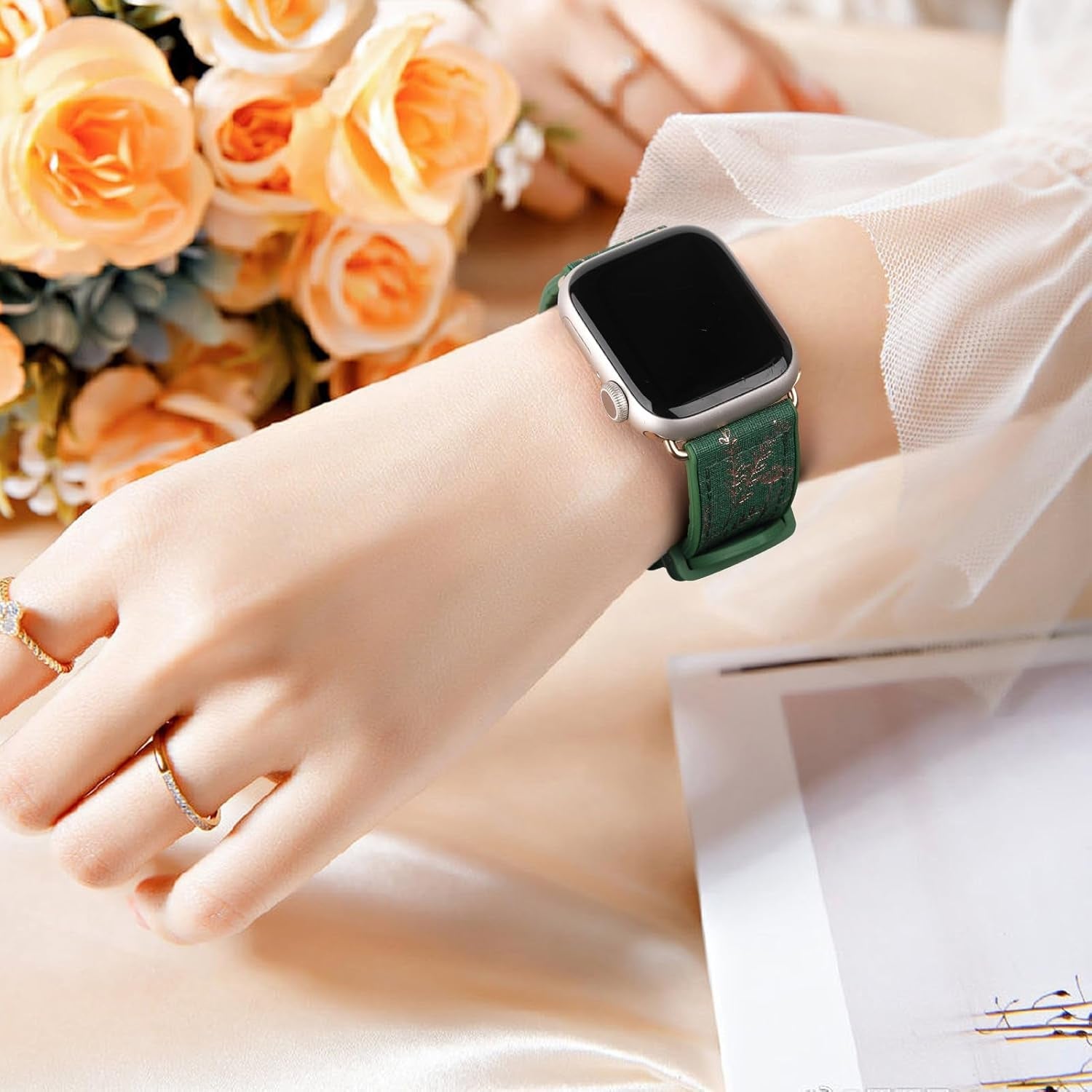 Bling Floral Bands for Apple Watch Band 40Mm 41Mm 44Mm 45Mm 38Mm 42Mm Ultra/2 49Mm Women,Eco-Leather Silicone Hybrid,Glitter Flower Sparkly Pattern Elegant Strap for Iwatch Series 9 8 7 6 5 4 3 2 SE