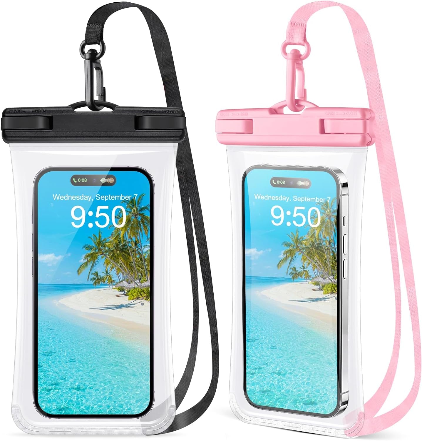 2 Pack Waterproof Phone Pouch, Waterproof Phone Case for Iphone 15 Pro Max Plus, Galaxy S24 S23 S22, Pixel 8A 7A up to 7.2", Underwater Dry Bag Beach Vacation, Black & Black