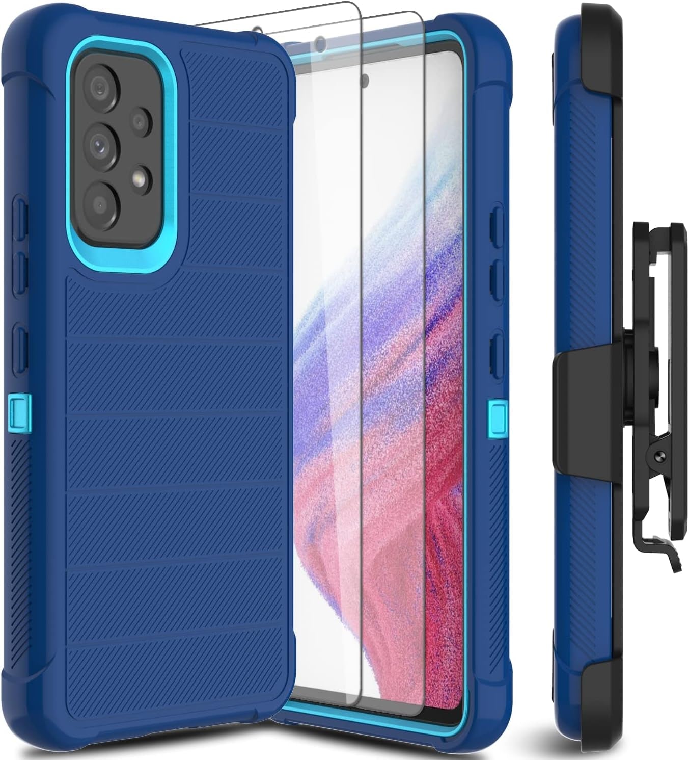 For Samsung Galaxy A53 5G Phone Case with Glass Screen Protector, [Holster Series] Belt Clip Protective Hard Tough Full Heavy Duty Rugged Military Shockproof Armor Cell Phone Cover (Black)