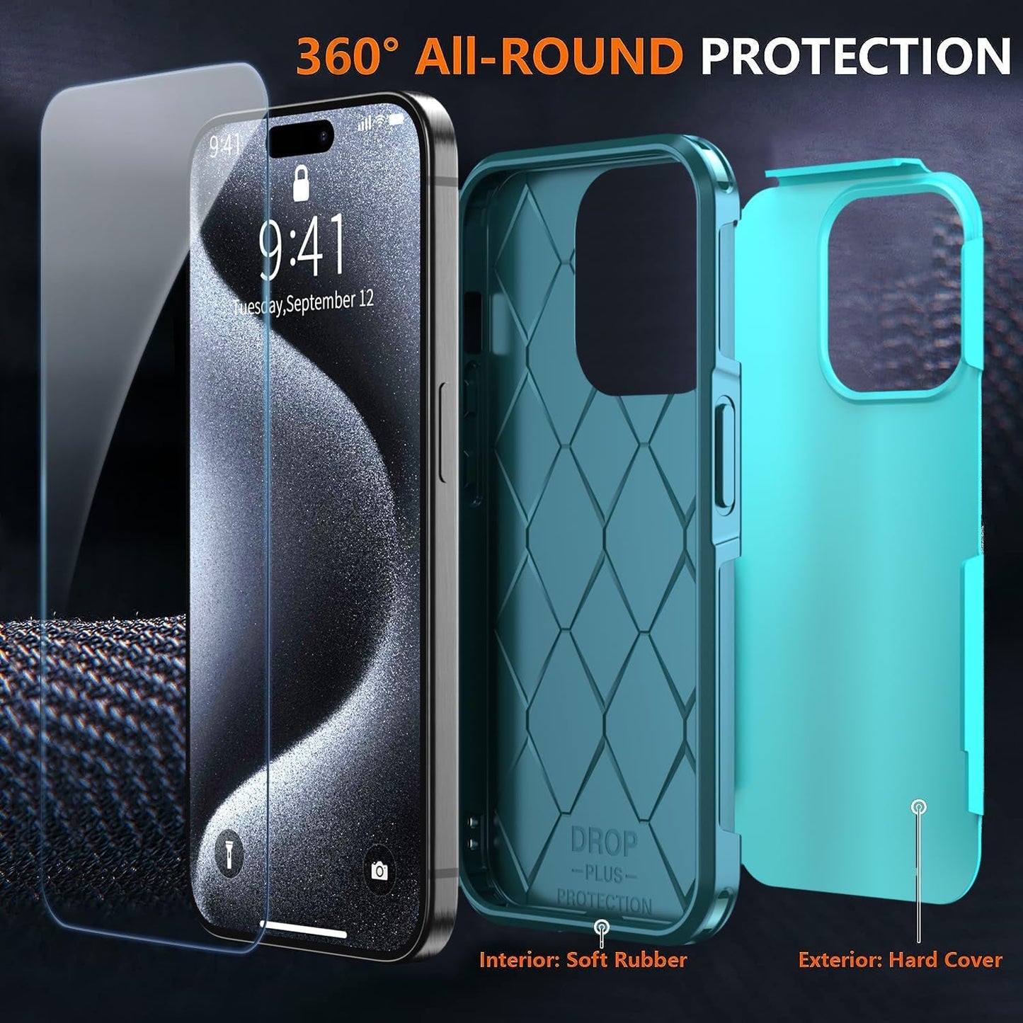 AEDILYS Shockproof for Iphone 15 Pro Case,[18 FT Military Grade Drop Protection],With 2X[Tempered Glass Screen Protector ] with Air Bumpers Full-Body Protective Phone Case,Blue  AEDILYS   