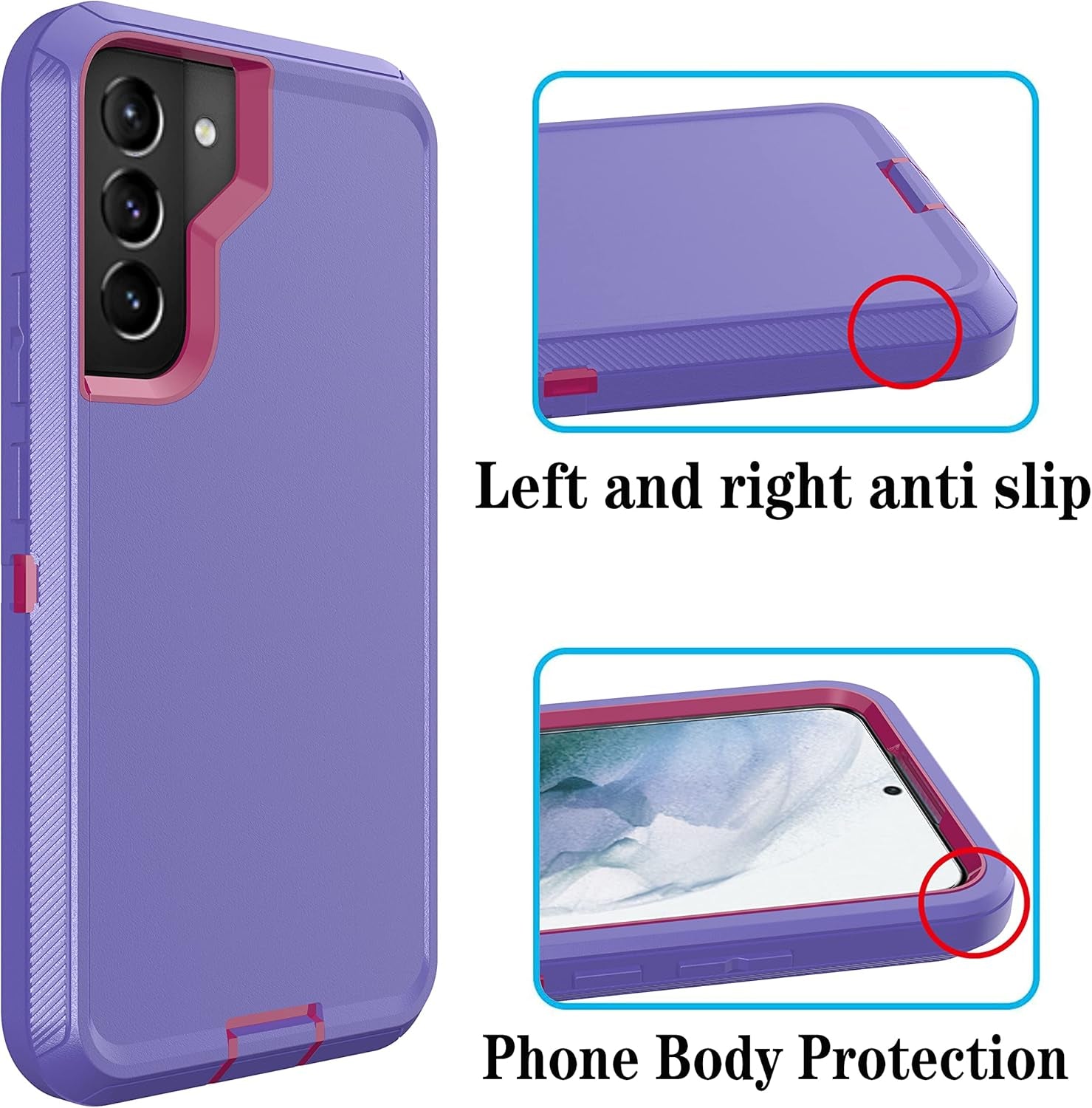 Galaxy S22 plus Case for Samsung Galaxy S22 plus Case Military Drop Shockproof Armor Heavy Duty Rugged 3 in 1 Protection Cover for Galaxy S22+ plus Phone Case (Purple+Rose Red)