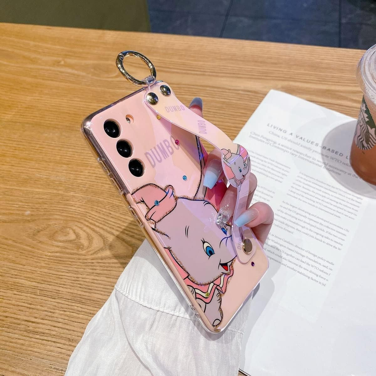 For Samsung Galaxy S22 Case [NOT Plus] Sparkle Bling with Strap Stand 6.1" Cute Pattern IMD Plating Silicone Shockproof Protective Glitter Cases Cover for Girls and Women - Pink Dumbo