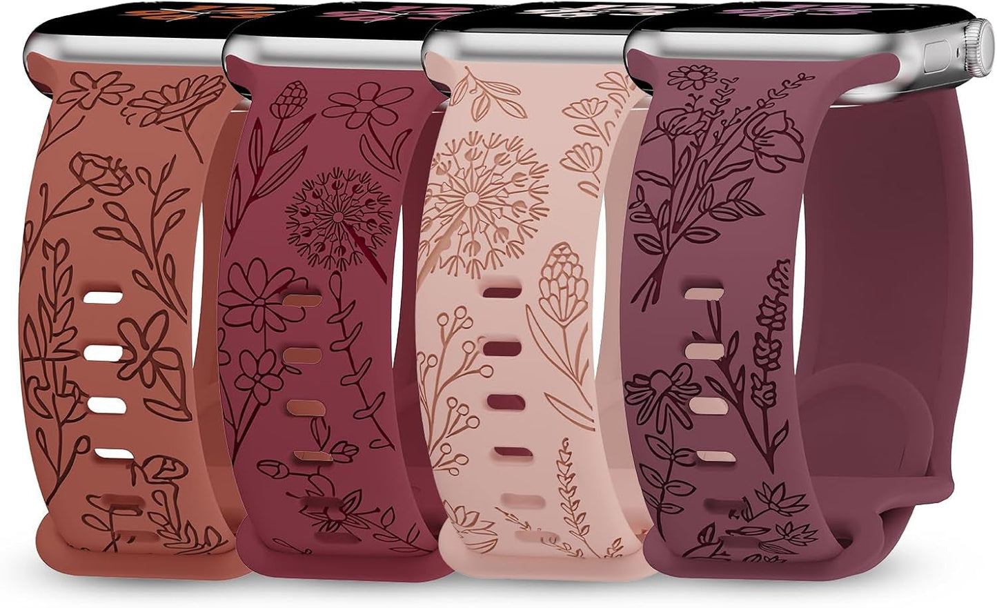 4 Pack Floral Engraved Bands Compatible with Apple Watch Bands 38Mm 40Mm 41Mm 42Mm 44Mm 45Mm 49Mm Women