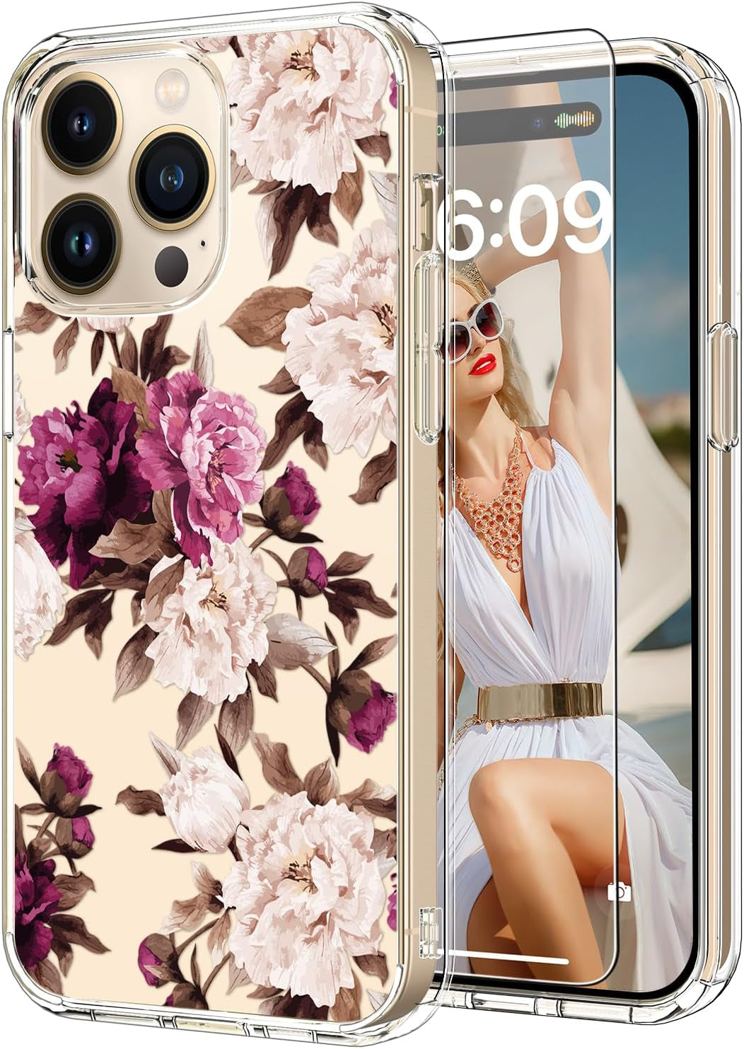 ICEDIO for Iphone 15 Pro Case with Screen Protector-Clear with Fashionable Trendy Patterns-Designed for Girls Women-Slim Fit Cover-Protective Phone Case 6.1" Cute Blooming Pink Floral  ICEDIO   