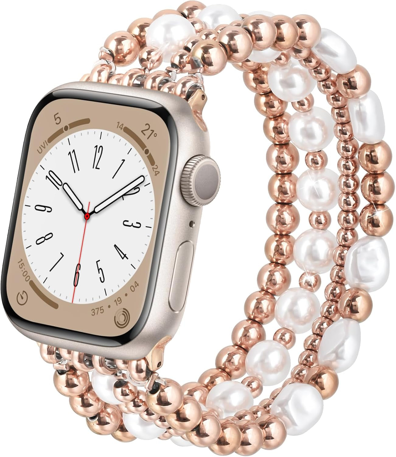 AIRSPO Gold Beaded Bracelets Compatible for Apple Watch Band 38Mm 40Mm 41Mm 42Mm 44Mm 45Mm Women, Fashion Handmade Dressy Iphone Watch Bands Elastic Strap for Iwatch Series SE 8 7 6 5 4 3 2 1