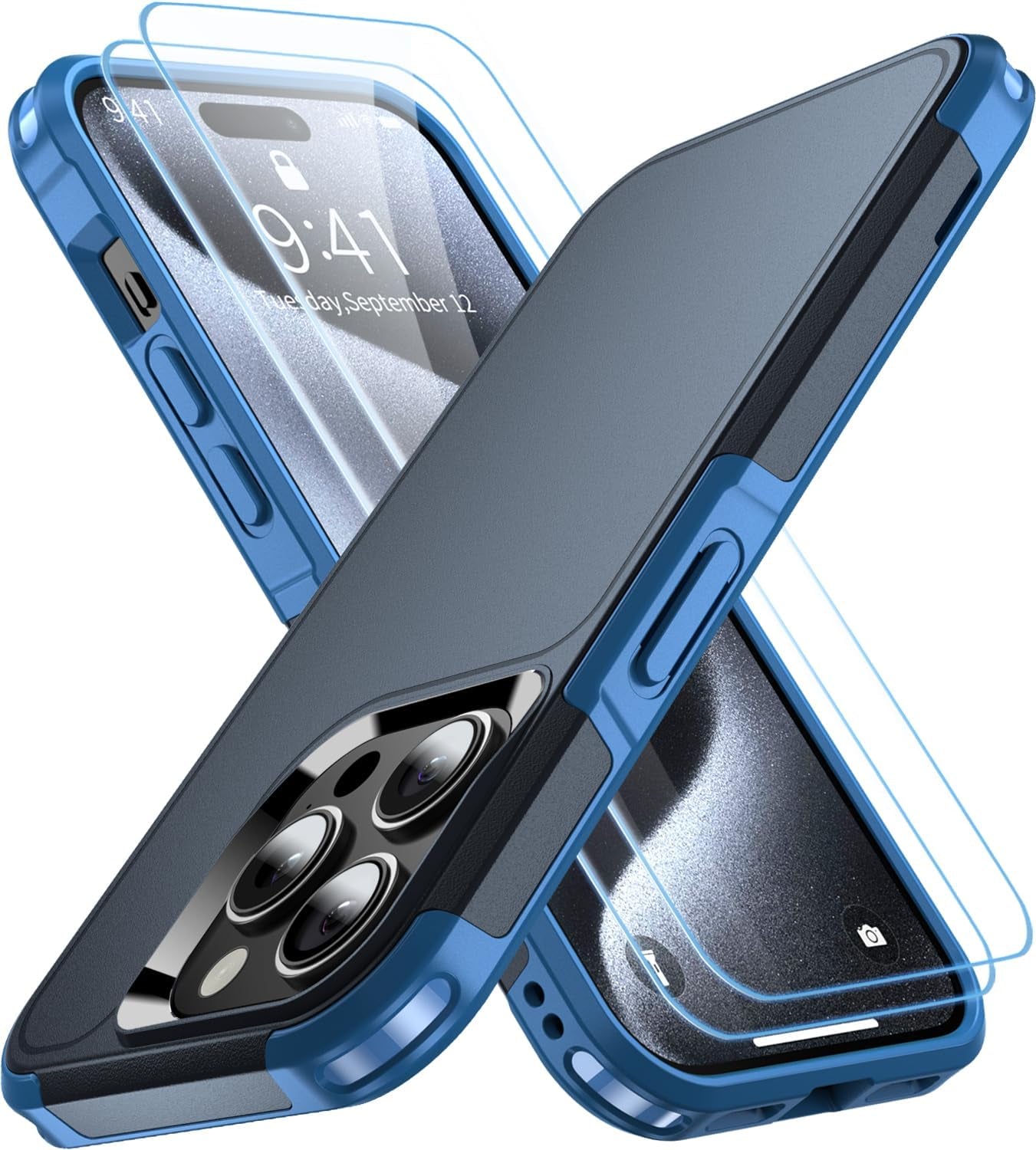 AEDILYS Shockproof for Iphone 15 Pro Case,[18 FT Military Grade Drop Protection],With 2X[Tempered Glass Screen Protector ] with Air Bumpers Full-Body Protective Phone Case,Blue  AEDILYS   