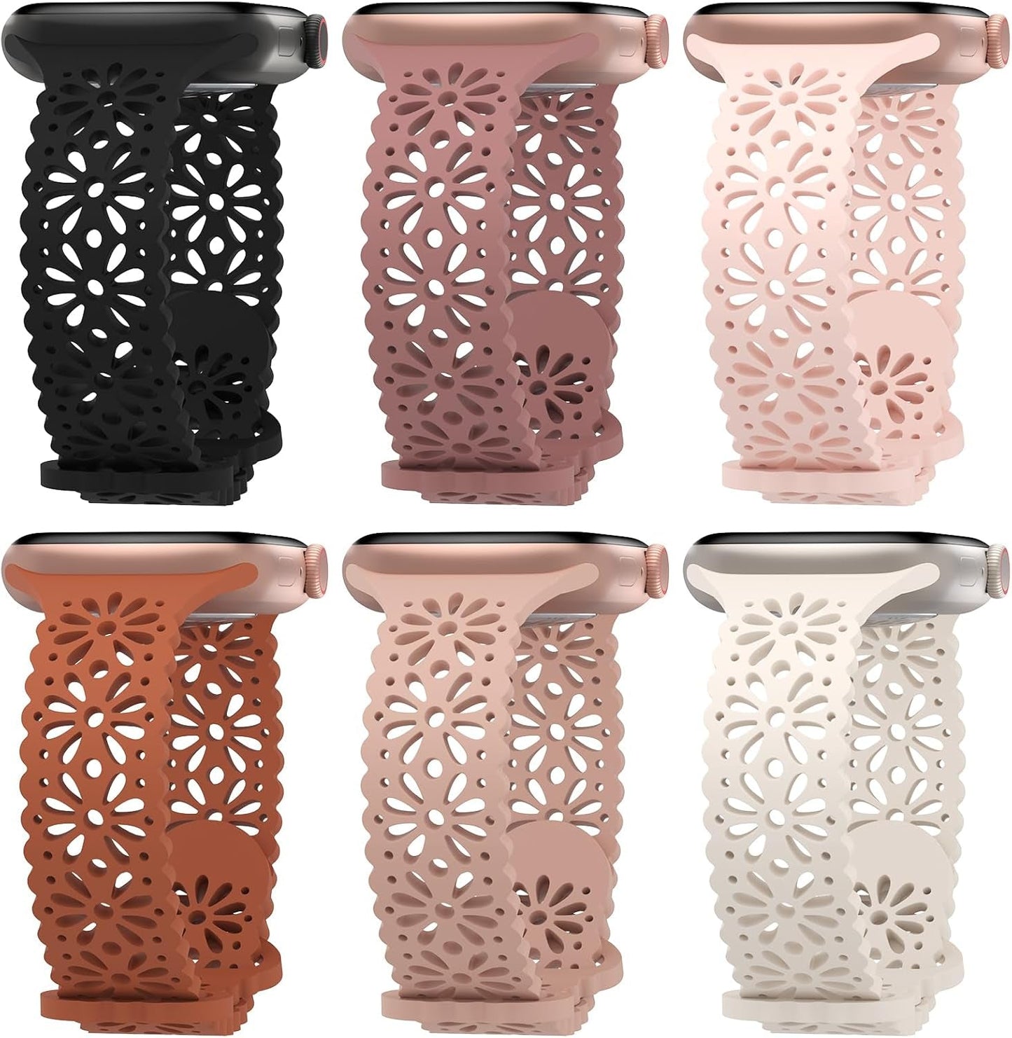 6 Pack Lace Hollow-Out Silicone Bands Compatible with Apple Watch 38Mm 40Mm 41Mm 42Mm 44Mm 45Mm 49Mm, Slim Thin Sport Strap Wristbands for Iwatch Ultra/Ultra 2 SE Series 9/8/7/6/5/4/3/2/1 Women Girls