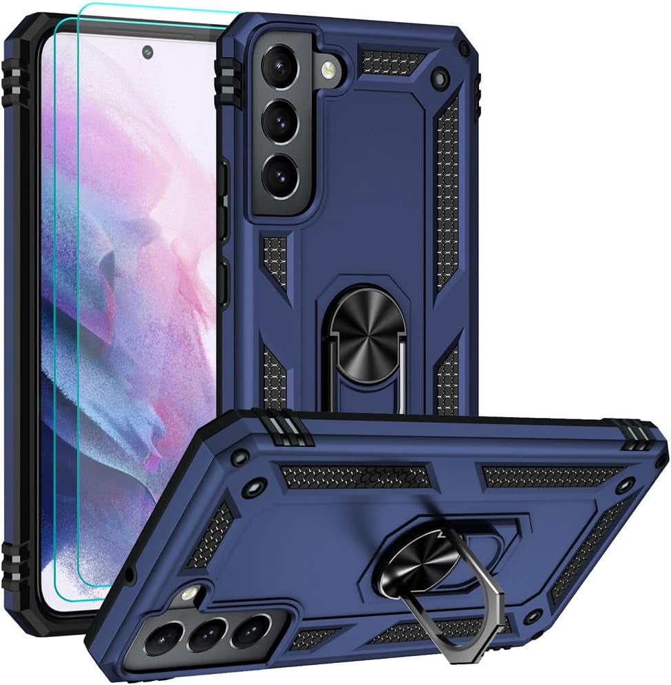 For Samsung S22 Case, Galaxy S22 Case with HD Screen Protectors, Military-Grade Metal Ring Holder Kickstand 15Ft Drop Tested Shockproof Cover Case for Samsung Galaxy S22 Black