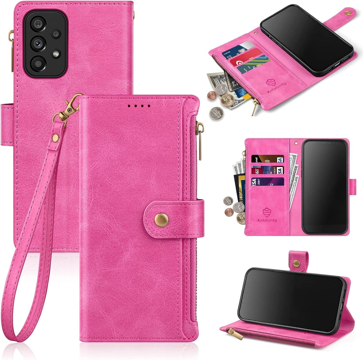 Antsturdy Samsung Galaxy A53 5G Case Wallet with Card Holder for Women Men,Galaxy A53 5G Phone Case RFID Blocking PU Leather Flip Shockproof Cover with Strap Zipper Credit Card Slots,Beige