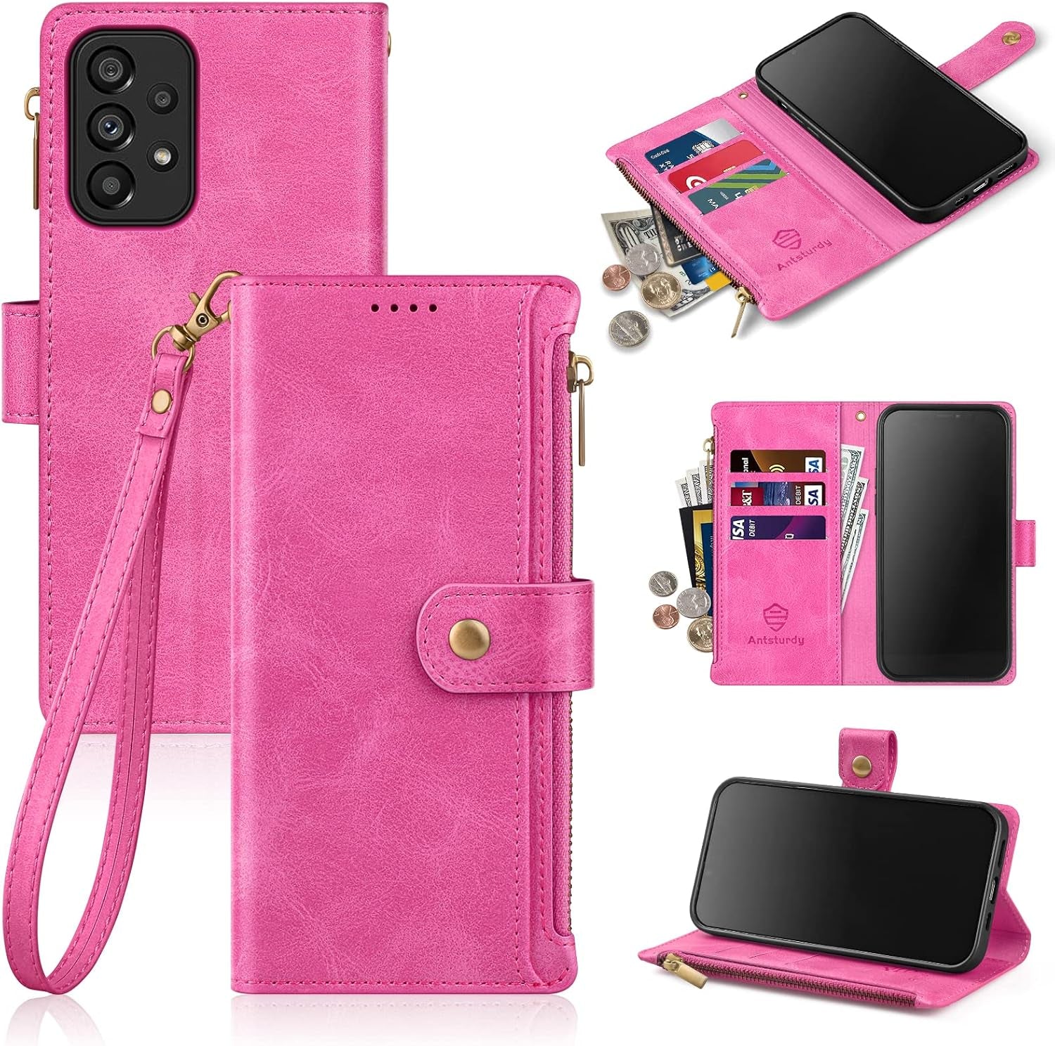 Antsturdy Samsung Galaxy A53 5G Case Wallet with Card Holder for Women Men,Galaxy A53 5G Phone Case RFID Blocking PU Leather Flip Shockproof Cover with Strap Zipper Credit Card Slots,Beige