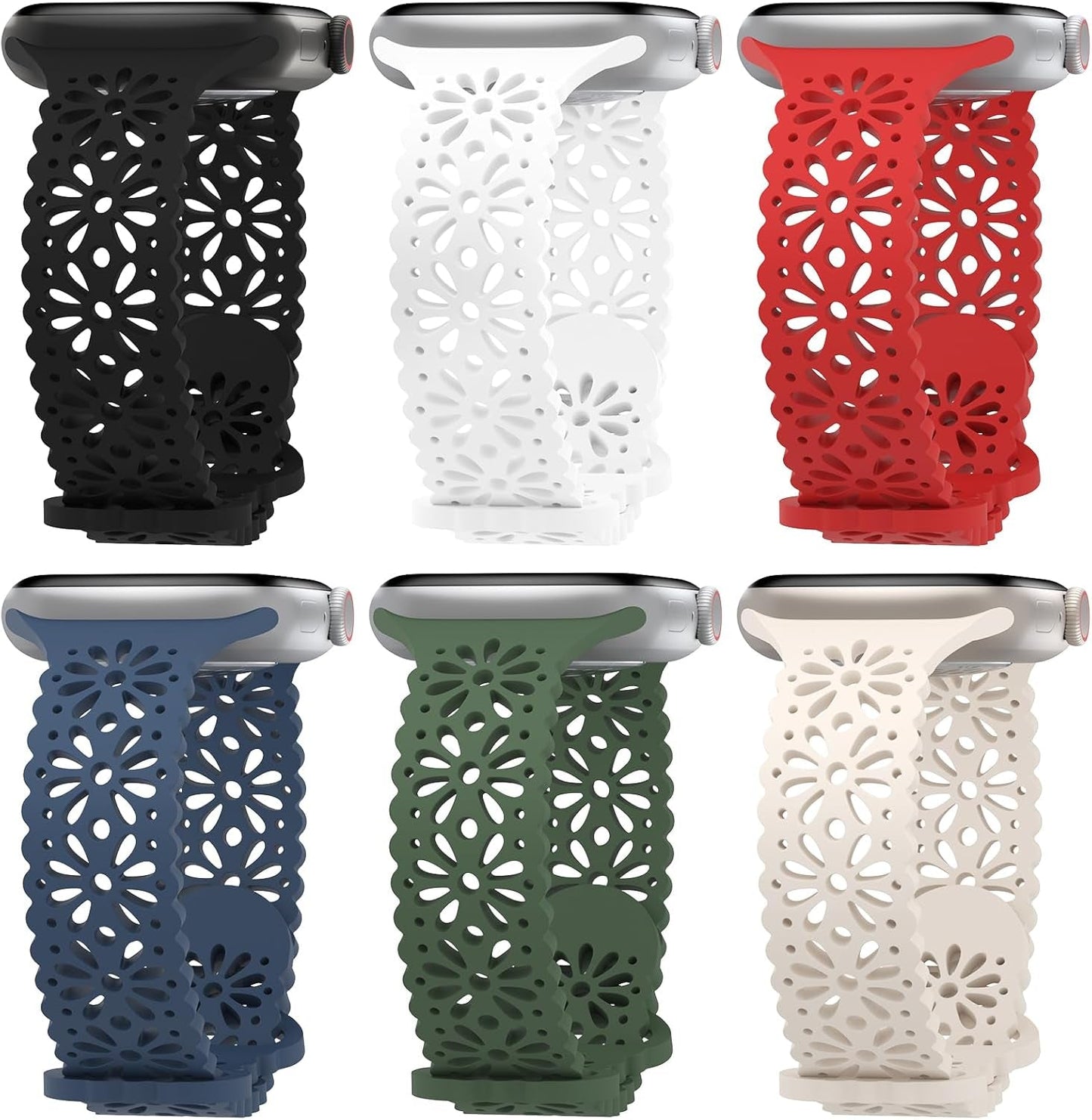 6 Pack Lace Hollow-Out Silicone Bands Compatible with Apple Watch 38Mm 40Mm 41Mm 42Mm 44Mm 45Mm 49Mm, Slim Thin Sport Strap Wristbands for Iwatch Ultra/Ultra 2 SE Series 9/8/7/6/5/4/3/2/1 Women Girls