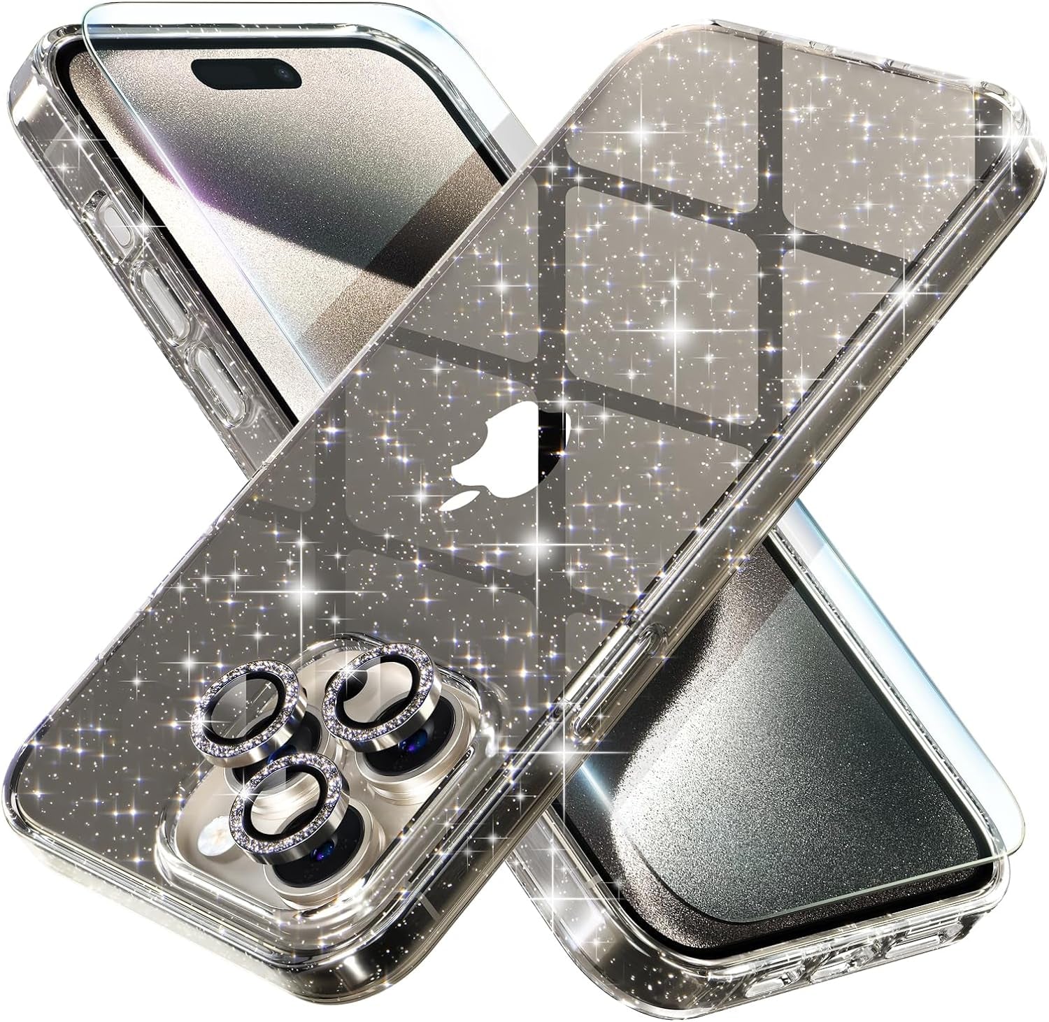 Choiche Compatible for Iphone 15 Pro Case, Women Cute Clear Glitter Bling Sparkly Case, [3 X Diamond Camera Lens Protectors] [2 X Tempered Glass Screen Protectors] 6.1-Inch (Glitter Clear)  Choiche Glitter Gray  