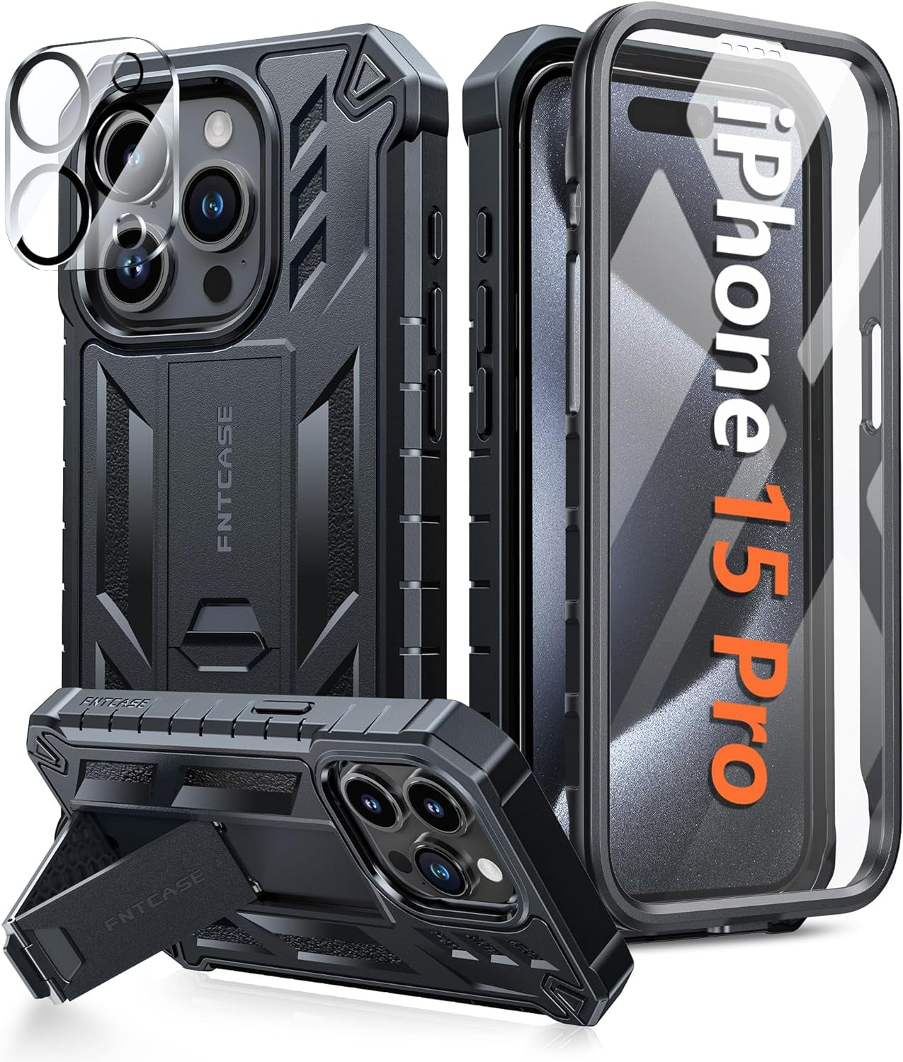 FNTCASE for Iphone 15 Pro Case: Military Grade Drop Proof Rugged Protective Cell Phone Cover with Kickstand & Built-In Protector | Matte Textured Shockproof TPU Hybrid Bumper Cases (Blue)  FNTCASE   