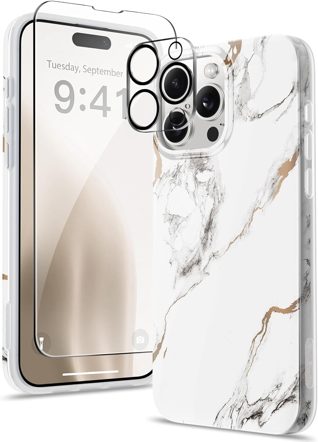 GVIEWIN for Iphone 15 Pro Case with Screen Protector+Camera Lens Protector, [Military Grade Drop Protection] Slim Marble Design Soft TPU Protective Phone Cover for 15 Pro 6.1" (Flowing Sand/Ink)  GVIEWIN White/Marble  