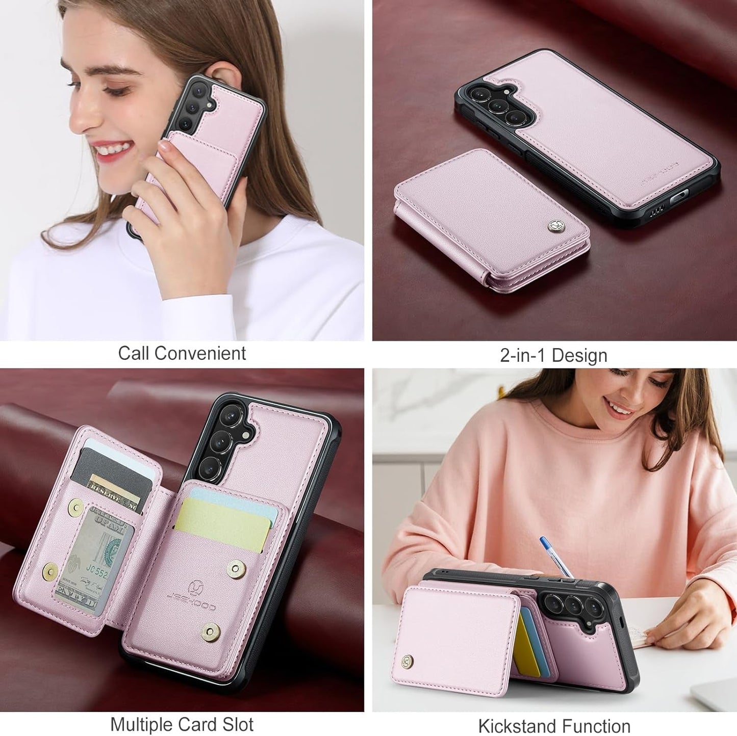 2 in 1 Detachable for Galaxy S24 plus 6.7" Case Wallet with Card Holder, RFID Blocking Kickstand Shockproof Case for Samsung S24+/Plus 5G, Rose Pink