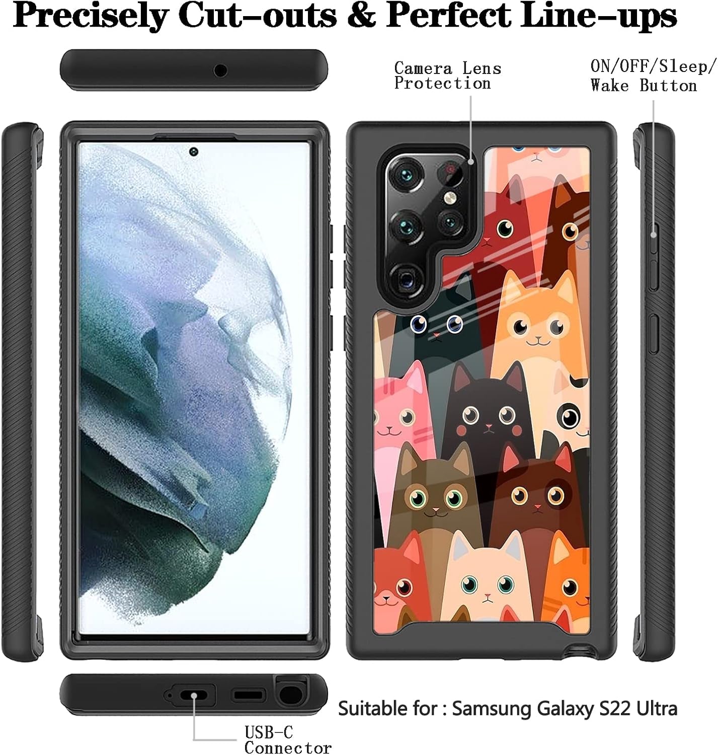 Compatible with Samsung Galaxy S22 Ultra Case Cartoon Cats for Boys Girls Full-Body Dual Layer Rugged Shockproof Bumper Heavy-Duty Protective Cover
