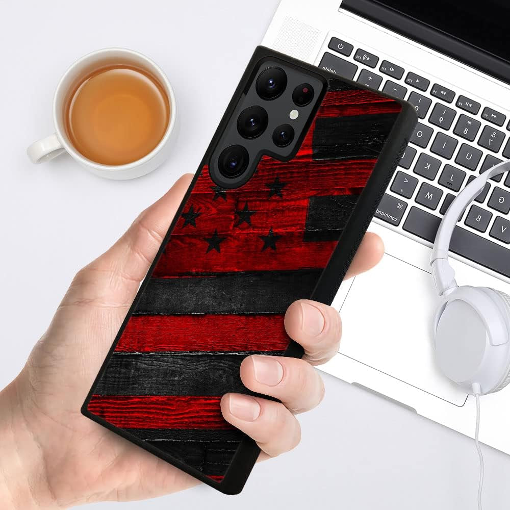 DJSOK Case Compatible with Samsung Galaxy S22 plus Case, Black Red Wood Grain American Flag Pattern Design Pattern Back+Soft Silicone Protective Case