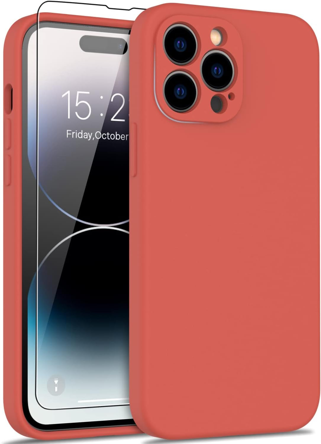 DEENAKIN Compatible with Iphone 14 Pro Max Case with Screen Protector,Enhanced Camera Cover,16Ft Drop Tested Soft Silicone Gel Rubber,Slim Protective Phone Case 6.7" Light Brown  DEENAKIN Coral  