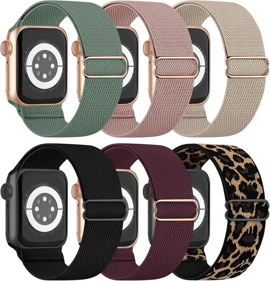 6 Pack Stretchy Nylon Compatible with Apple Watch Band 38Mm 40Mm 41Mm 42Mm 44Mm 45Mm 49Mm Series Ultra 8 7 6 5 4 3 2 1 SE, Adjustable Elastic Sport Replacement Straps Wristbands for Women Men