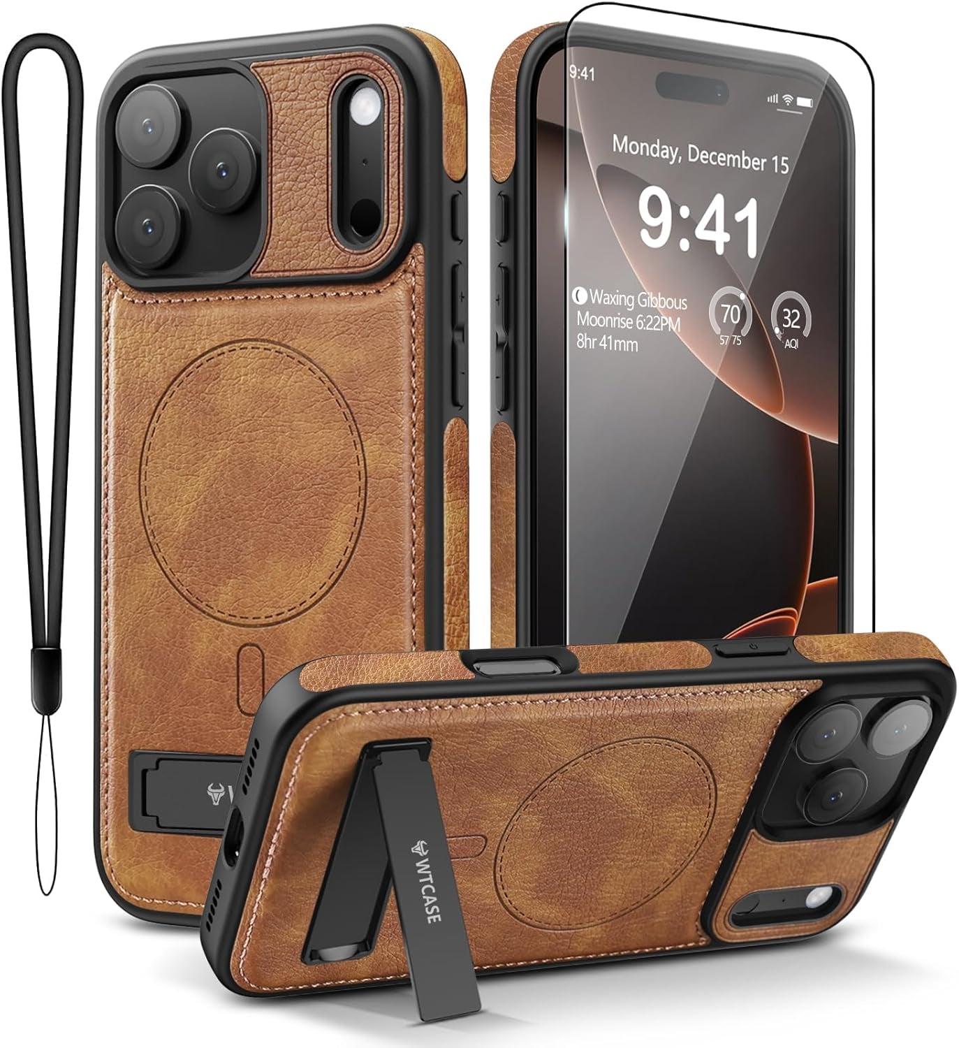 Magnetic for Iphone 17 Pro Max Leather Case,Built-In Invisible Stand [Compatible with Magsafe] Protective Slim Kickstand Phone Cover for Iphone 17 Pro Max,Brown