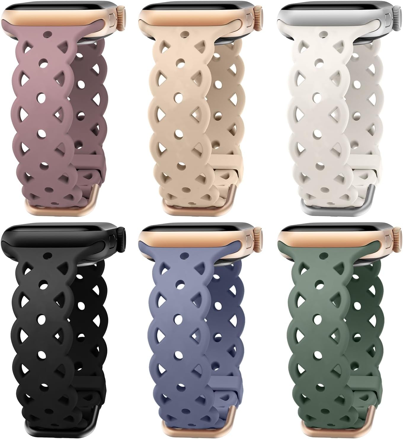 6-Pack Lace Silicone Bands Compatible with Apple Watch Bands 38Mm 40Mm 41Mm Women, Floral Engraved Cute Silicone Strap for Iwatch Series 9 8 7 6 5 4 3 2 1 Ultra SE