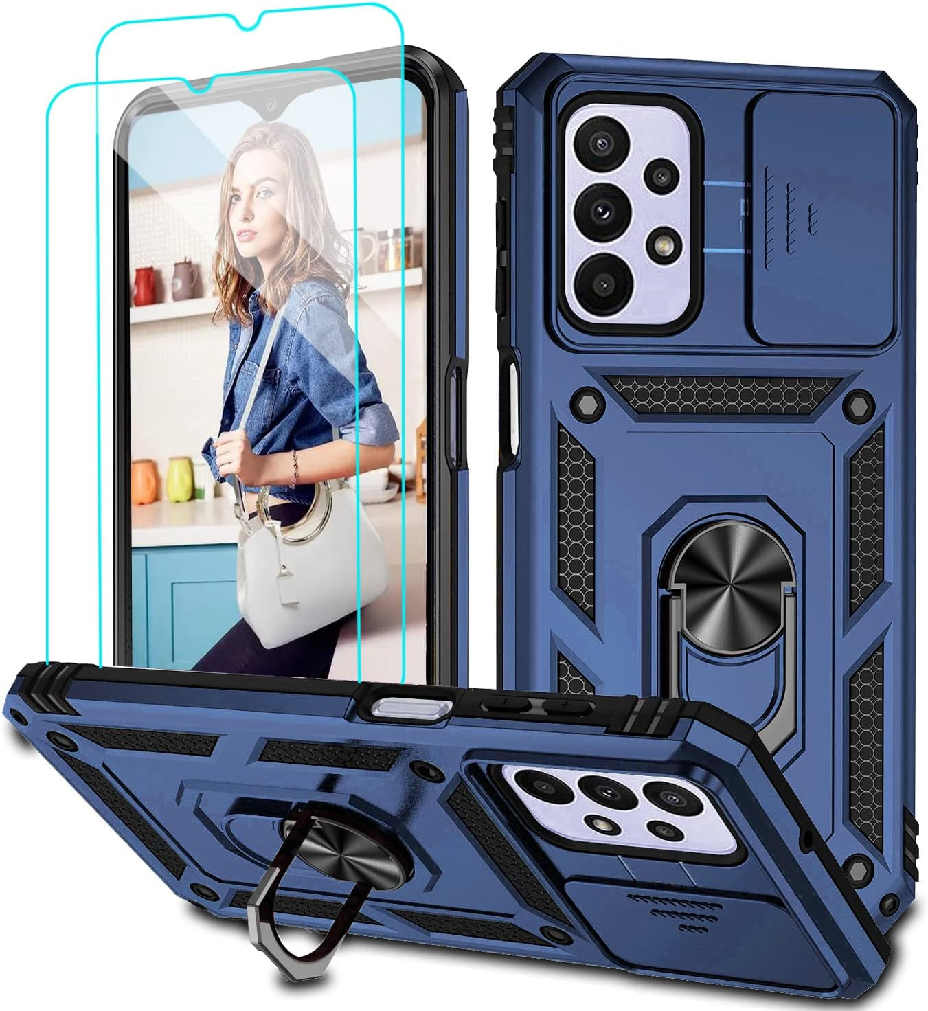 For Samsung Galaxy A53 5G Case with HD Screen Protector, Heavy Duty Shockproof Case with 360 ° Rotation Metal Kickstand [Military Grade] Protective Case for Samsung Galaxy A53 (Black)