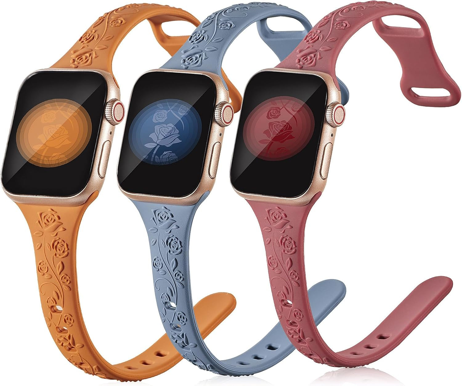 3 Pack Slim Floral Engraved Compatible with Apple Watch Bands 41/40/38/42/44/45/49Mm Women, Thin Narrow Soft Silicone Rose Embossed Sport Strap for Iwatch Series 9/8/7/6/5/4/SE/3/2/1 Ultra 2