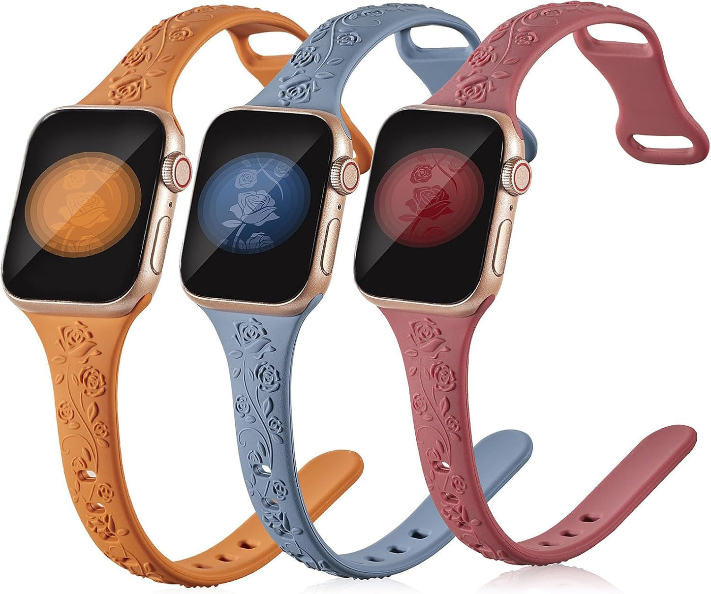 3 Pack Slim Floral Engraved Compatible with Apple Watch Bands 41/40/38/42/44/45/49Mm Women, Thin Narrow Soft Silicone Rose Embossed Sport Strap for Iwatch Series 9/8/7/6/5/4/SE/3/2/1 Ultra 2