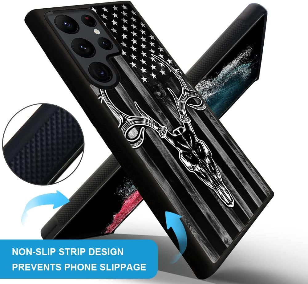 DJSOK Case Compatible with Samsung Galaxy S22 plus Case, Black Wood Grain USA American Flag Hunter Deer Pattern Design Pattern Back+Soft Silicone Protective Case