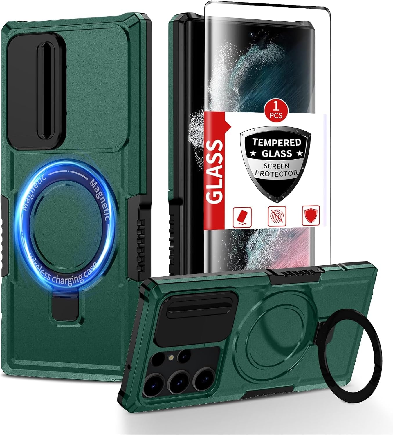 For Magnetic Samsung Galaxy S22 Ultra Case Compatible with Magsafe Galaxy S22 Ultra Case with Screen Protector,With Magnetic Stand&Camera Cover Protection Shockproof Galaxy S22Ultra Case Black