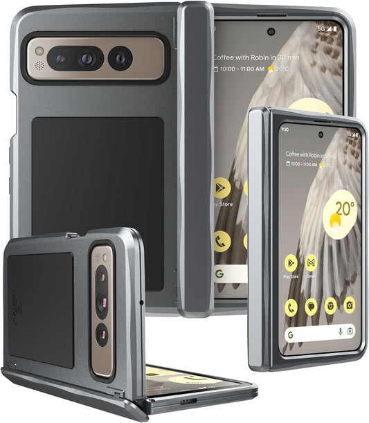 For Google Pixel Fold Case, Pixel Fold Aluminum Metal Heavy Duty Shockproof Protective Case, Rugged Case with Hinge Protection Bumper Case Cover for Pixel Fold 2023 (Grey, Pixel Fold)  Feitenn Grey Pixel Fold 