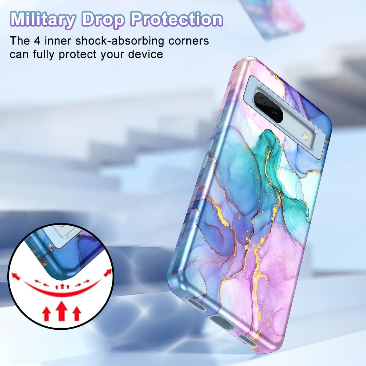 Btscase for Google Pixel 7A Case, [5 in 1] with 2 Pack Screen Protector + 2 Pack Camera Lens Protector, Marble Pattern Full Body Three Layer Rugged Shockproof Protective Cover (2023), Blue Pink  Btscase   