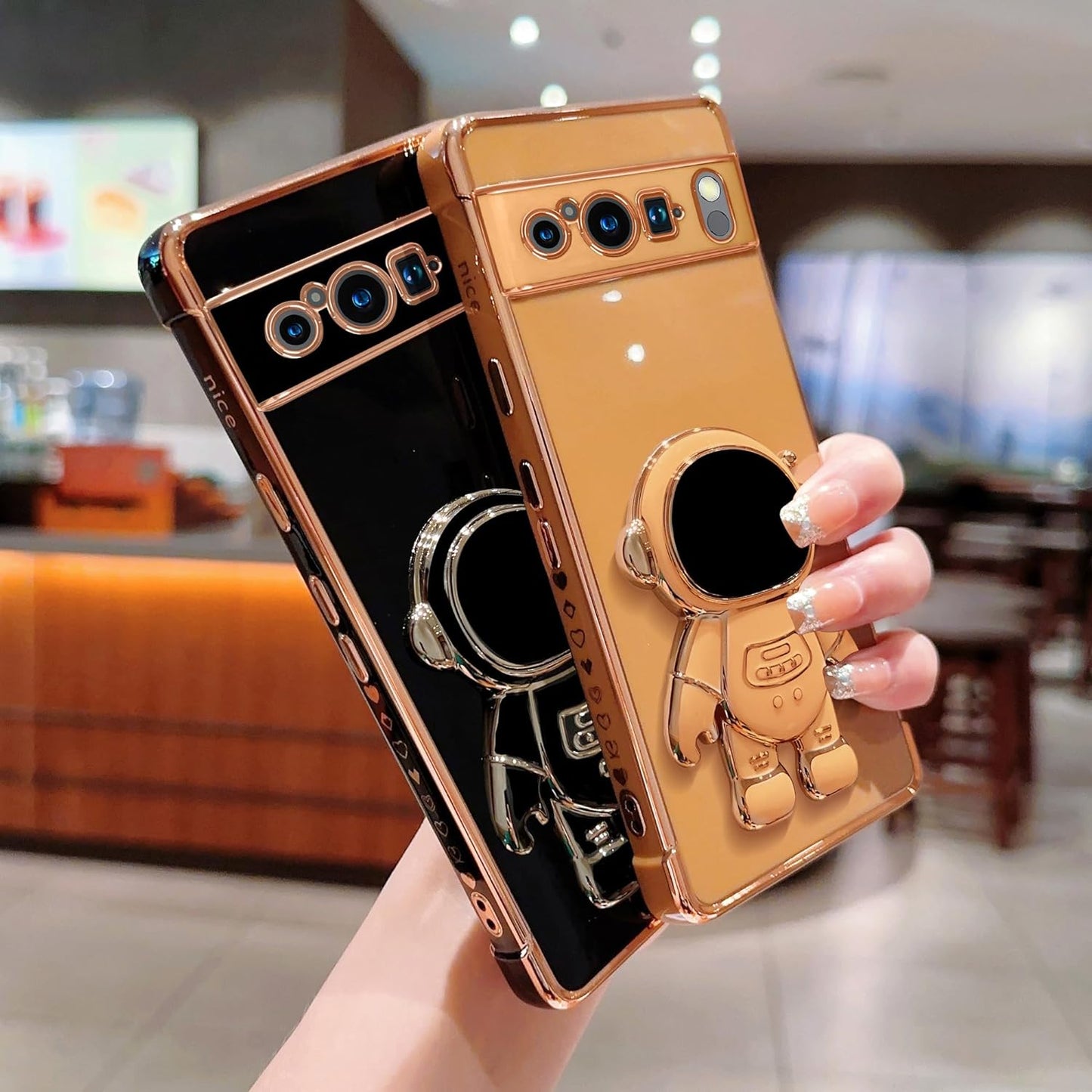 Phylla Phone Case for Google Pixel 8 Pro 6.7” 5G,Luxury Plating Astronaut Stand Holder Phone Case with Cute Love Heart Side Small Pattern Soft Silicone Shockproof Kickstand Cover Bumper (Black)  PHYLLA\1   