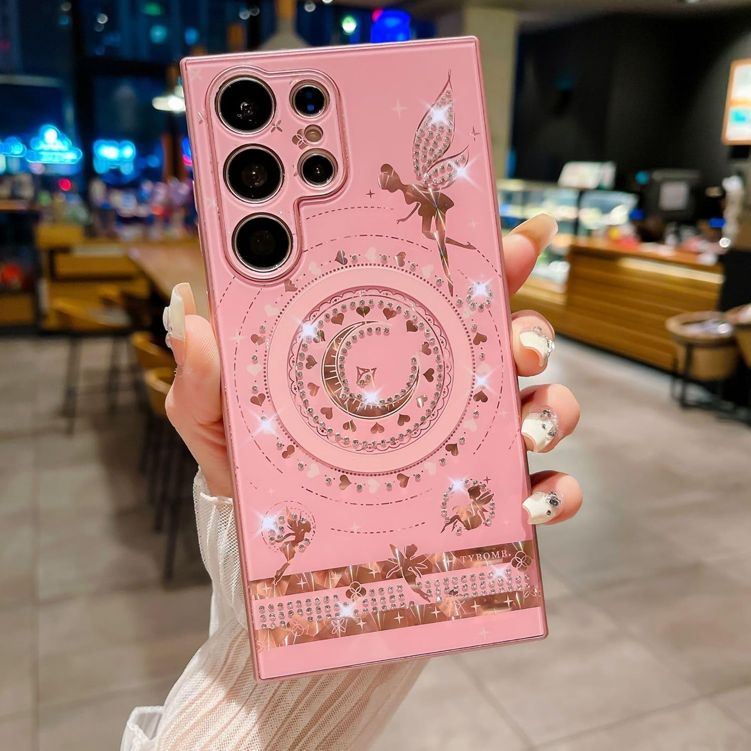 Cute Bling Magnetic Case for Galaxy S22 Ultra,Sparkle Luxury Rhinestone Heart Moon Star Angel Fairy Plating [Compatible with Magsafe] Girls Women for Samsung Galaxy S22 Ultra (Pink)